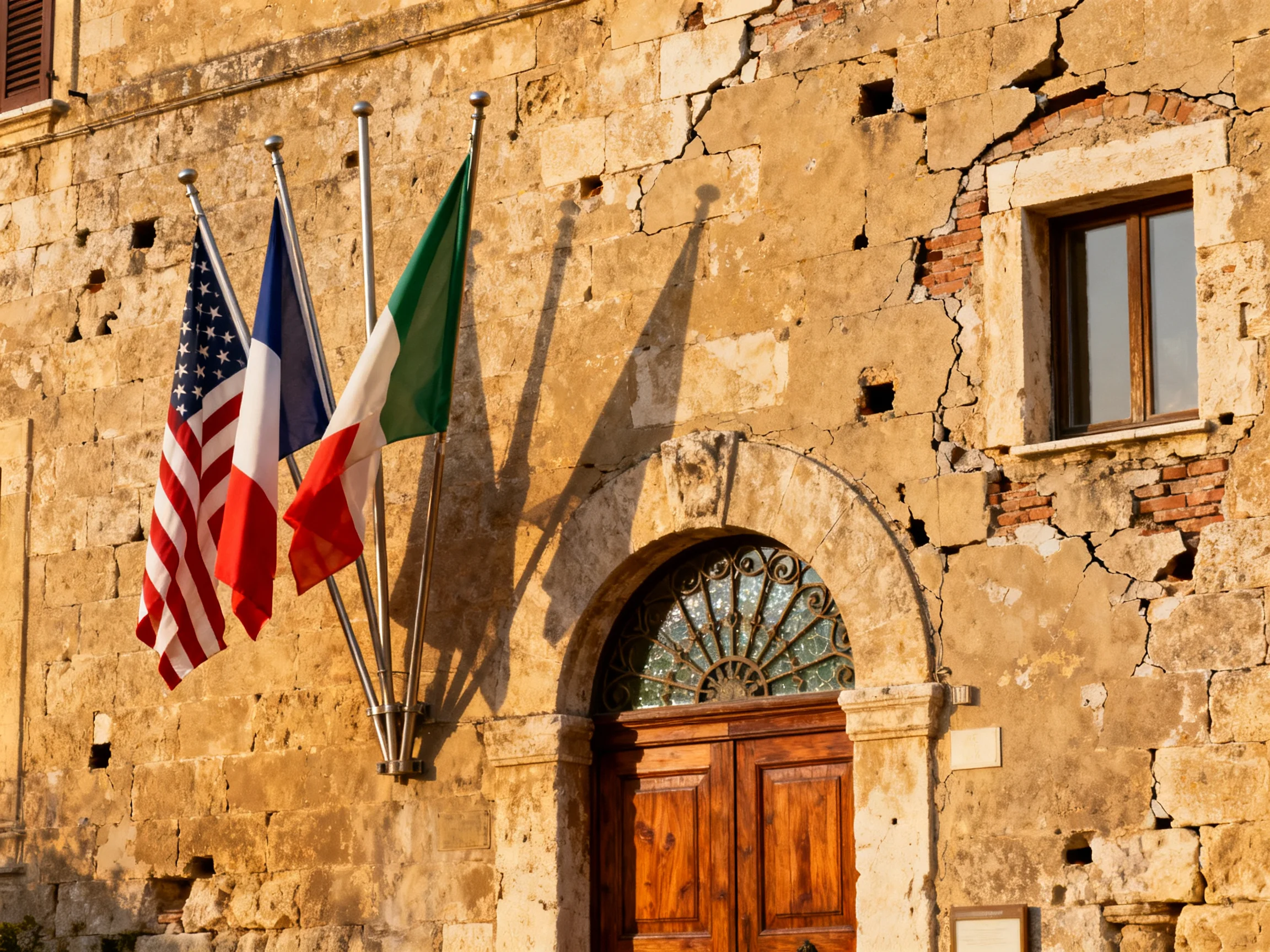 Three national flags displayed on an aged stone building