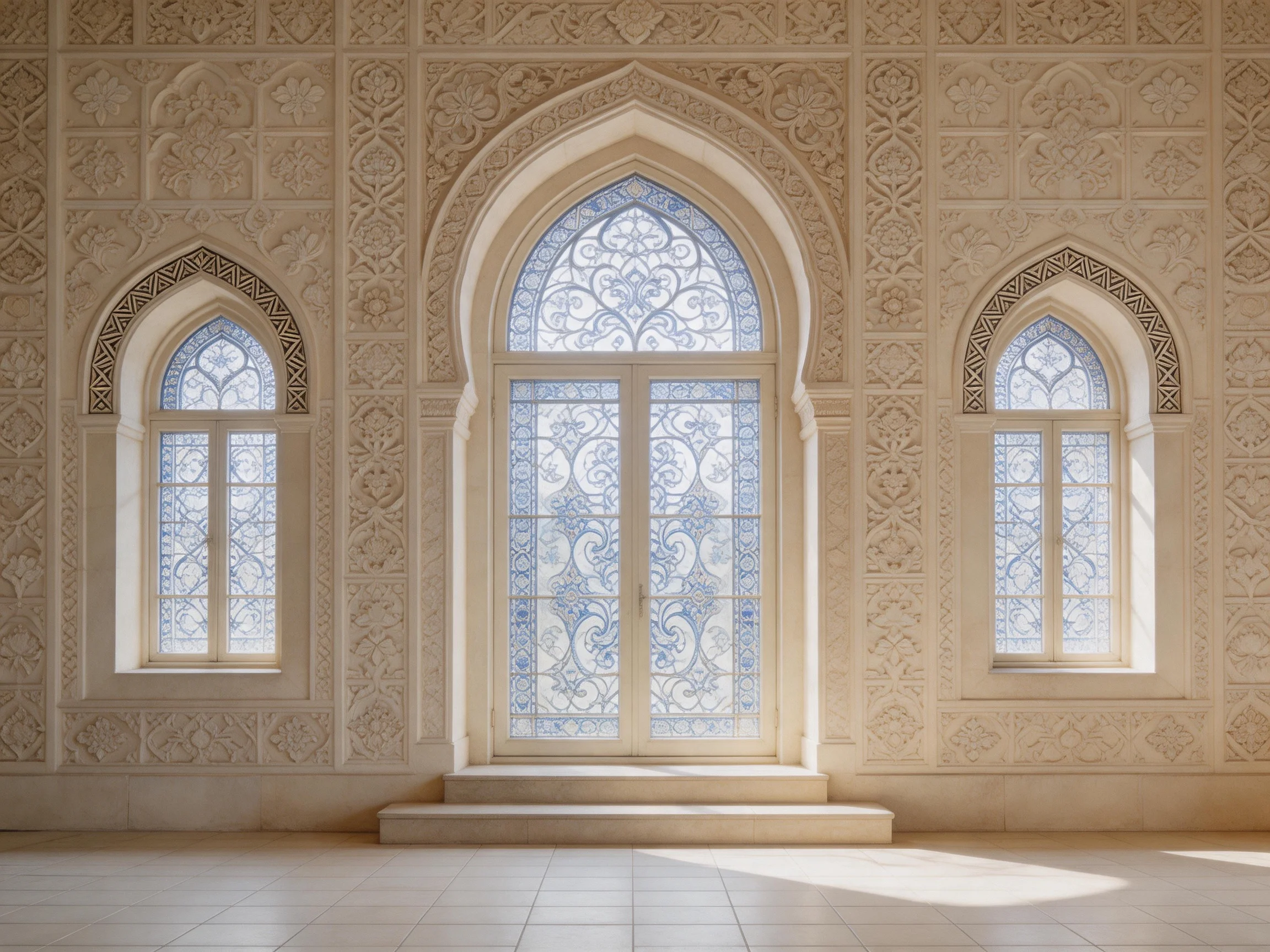 Three ornate arched windows with intricate stone carvings and blue stained glass