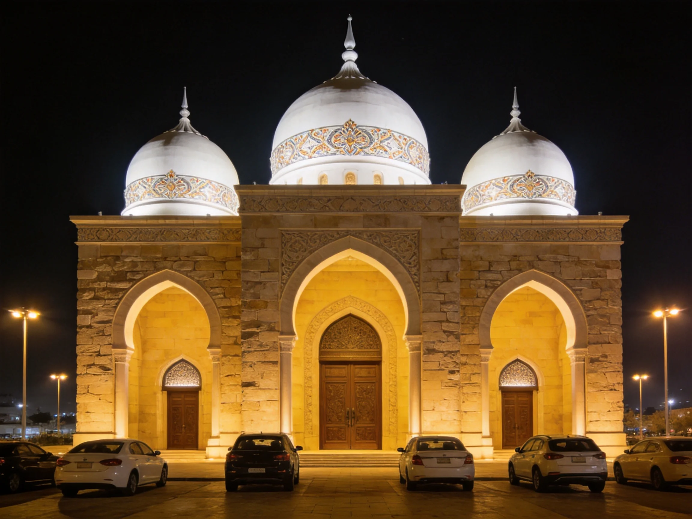 Three ornate domed stone buildings illuminated at night