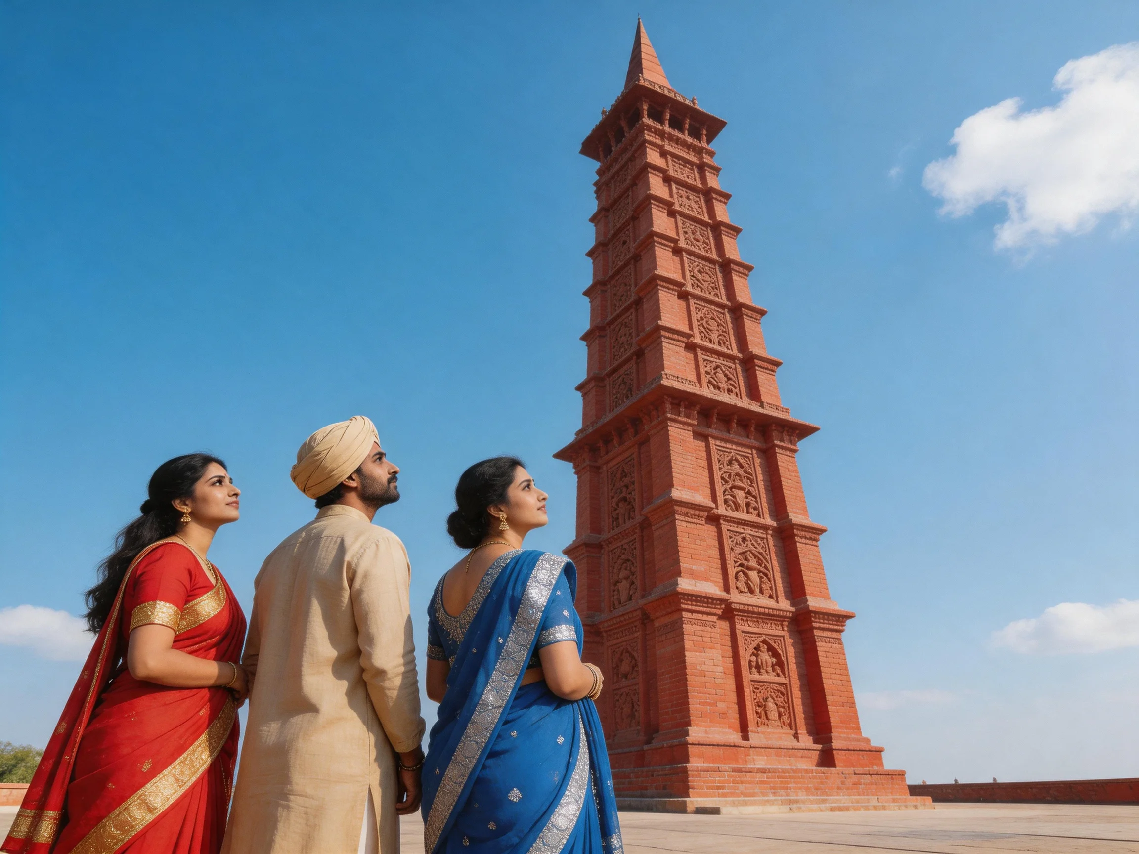 Three people in colorful saris view a tall reddish-brown brick tower