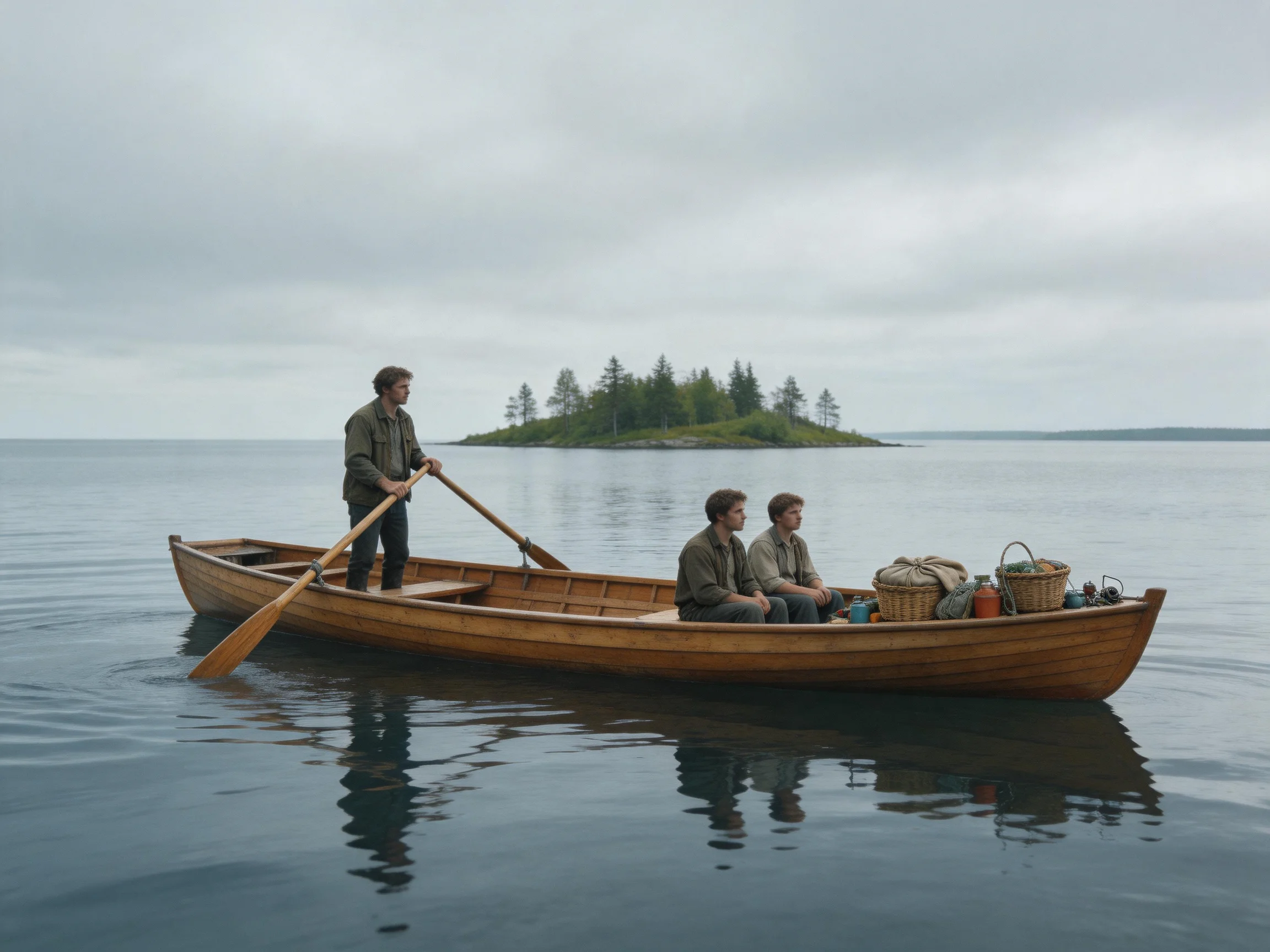 Three people sail a wooden rowboat toward a forested island