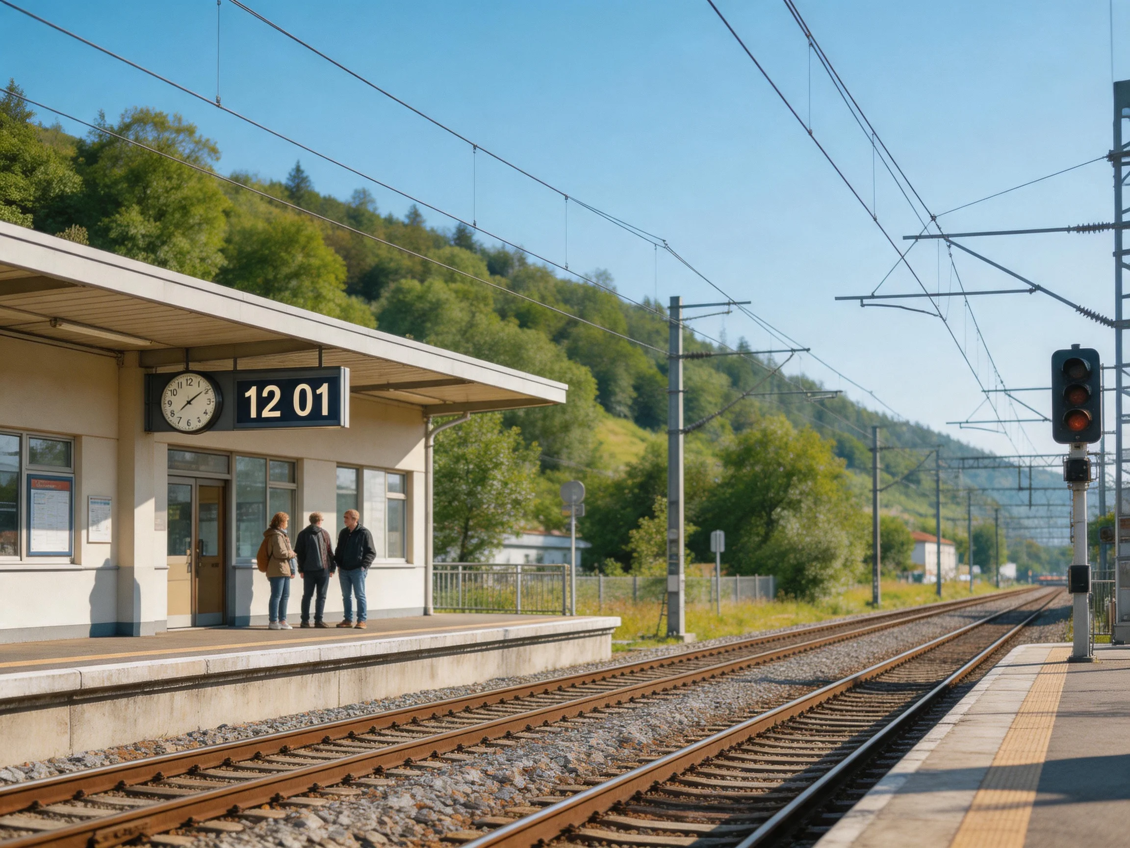 Three people wait at a small train station with railway tracks and green hills