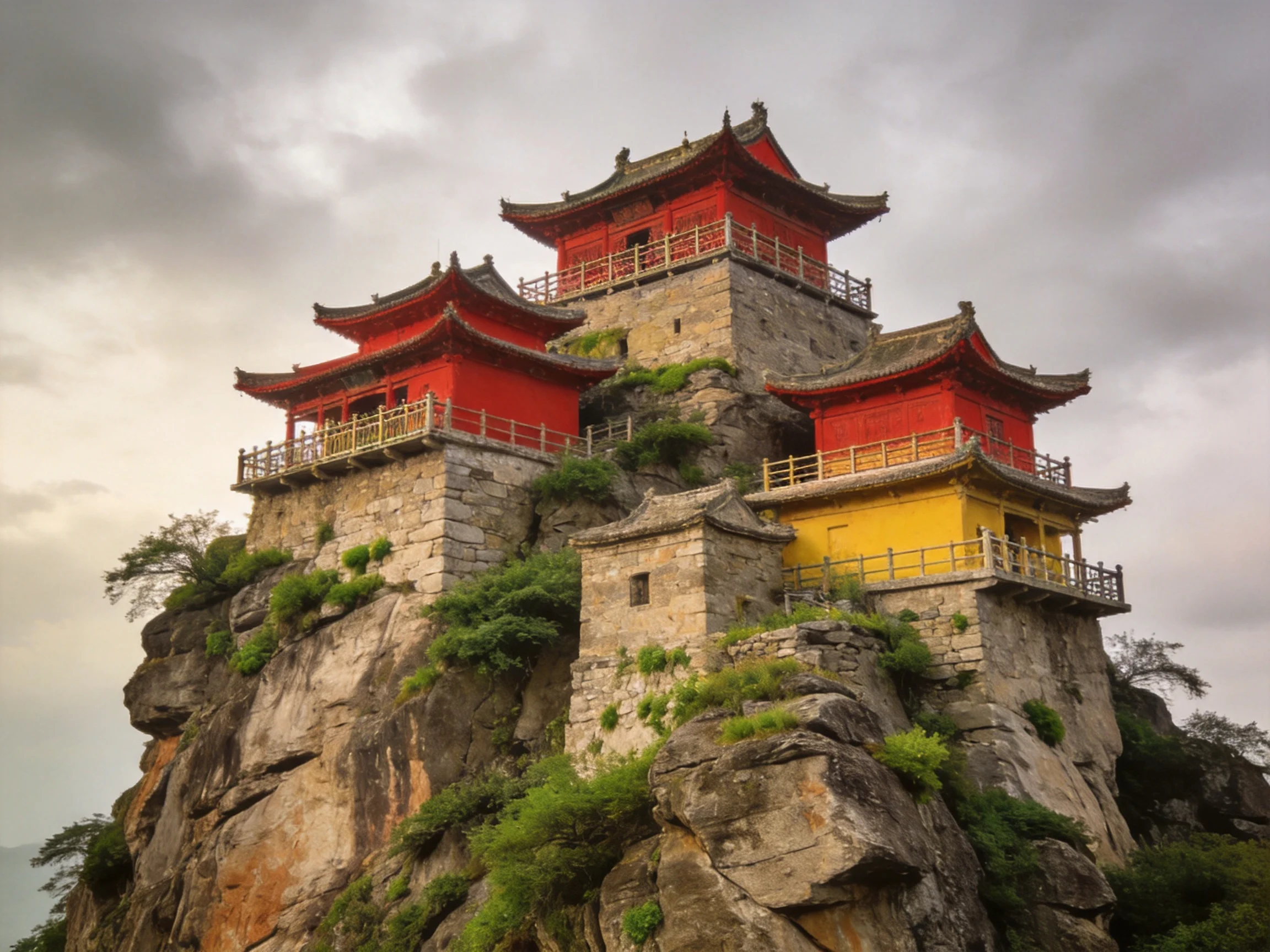 Colorful ancient structures sit upon a steep rocky cliff.