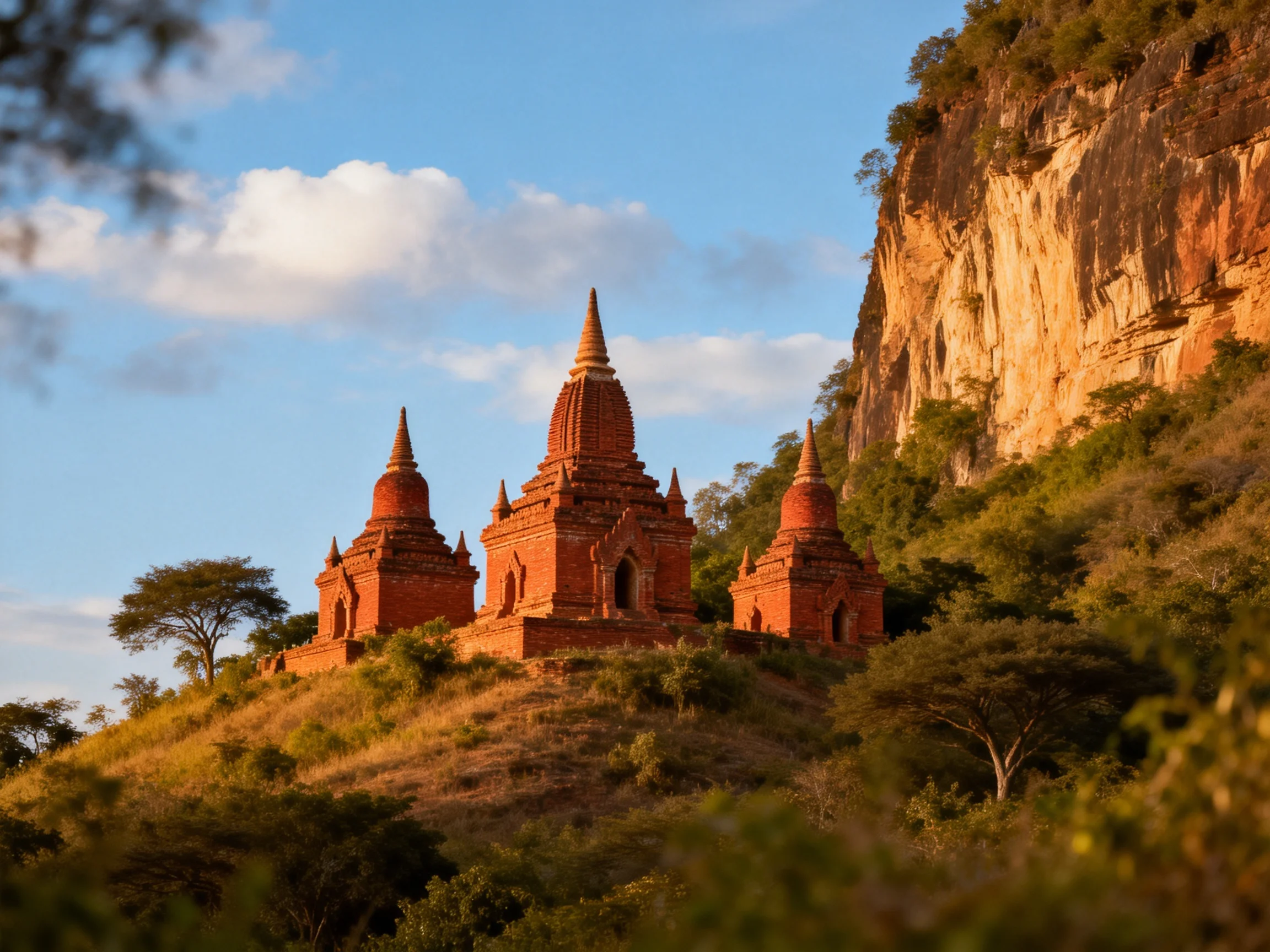 Three red-brick pagodas atop a sun-drenched hill near rocky cliffs