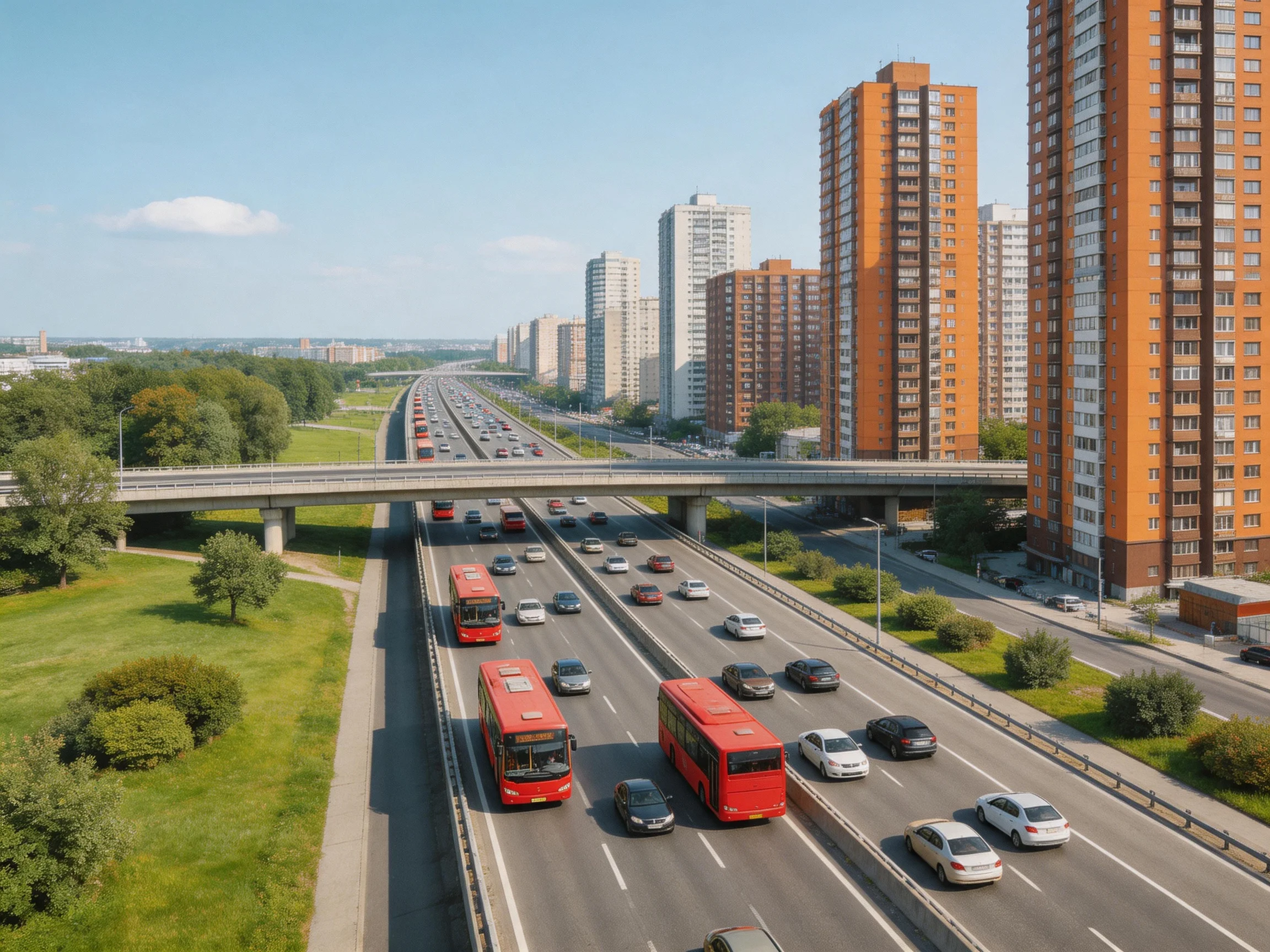 Three red buses travel along a busy multi-lane highway near tall orange apartment buildings