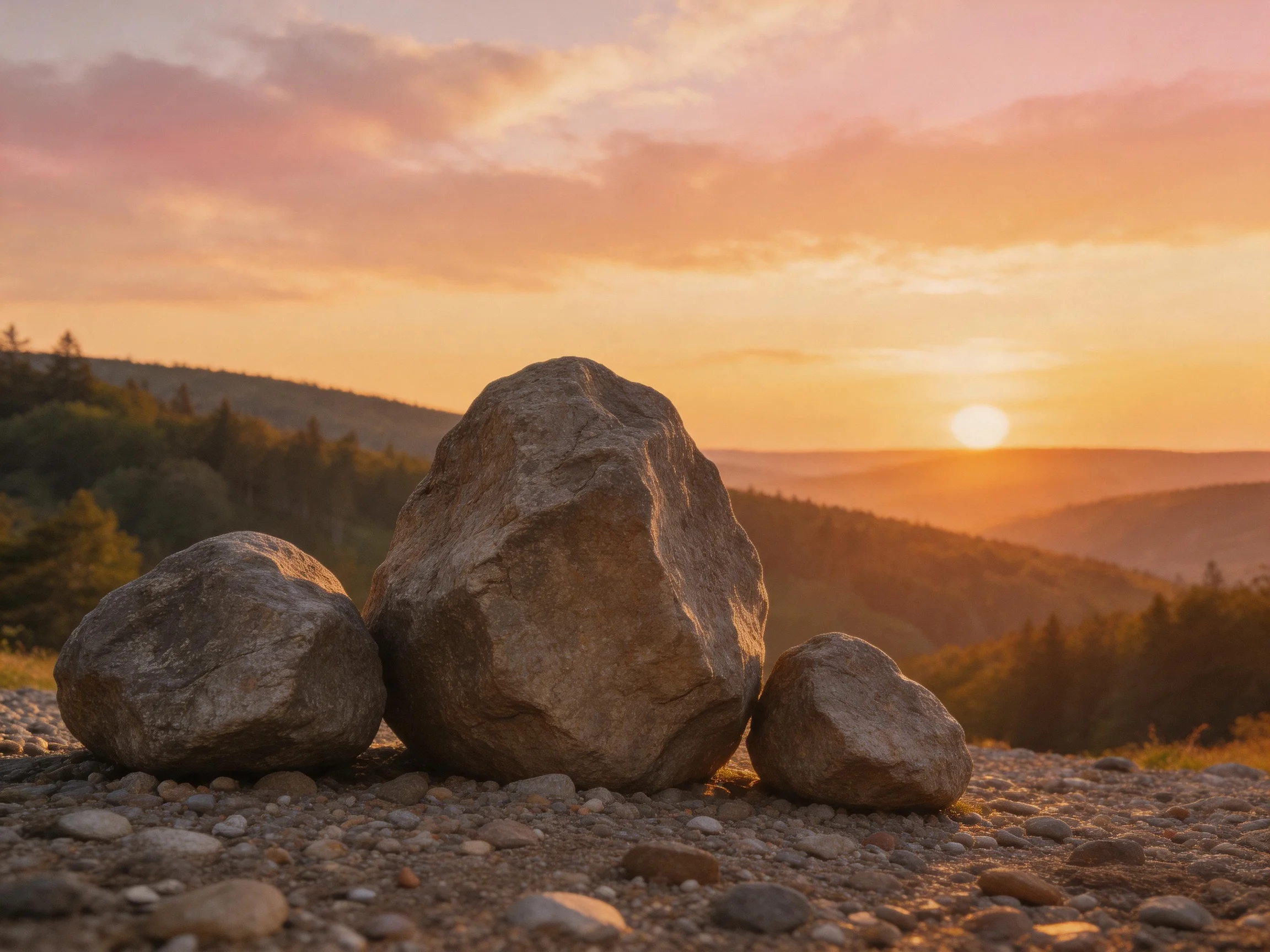 Three rocks sit on gravel near forested hills under a golden sunset