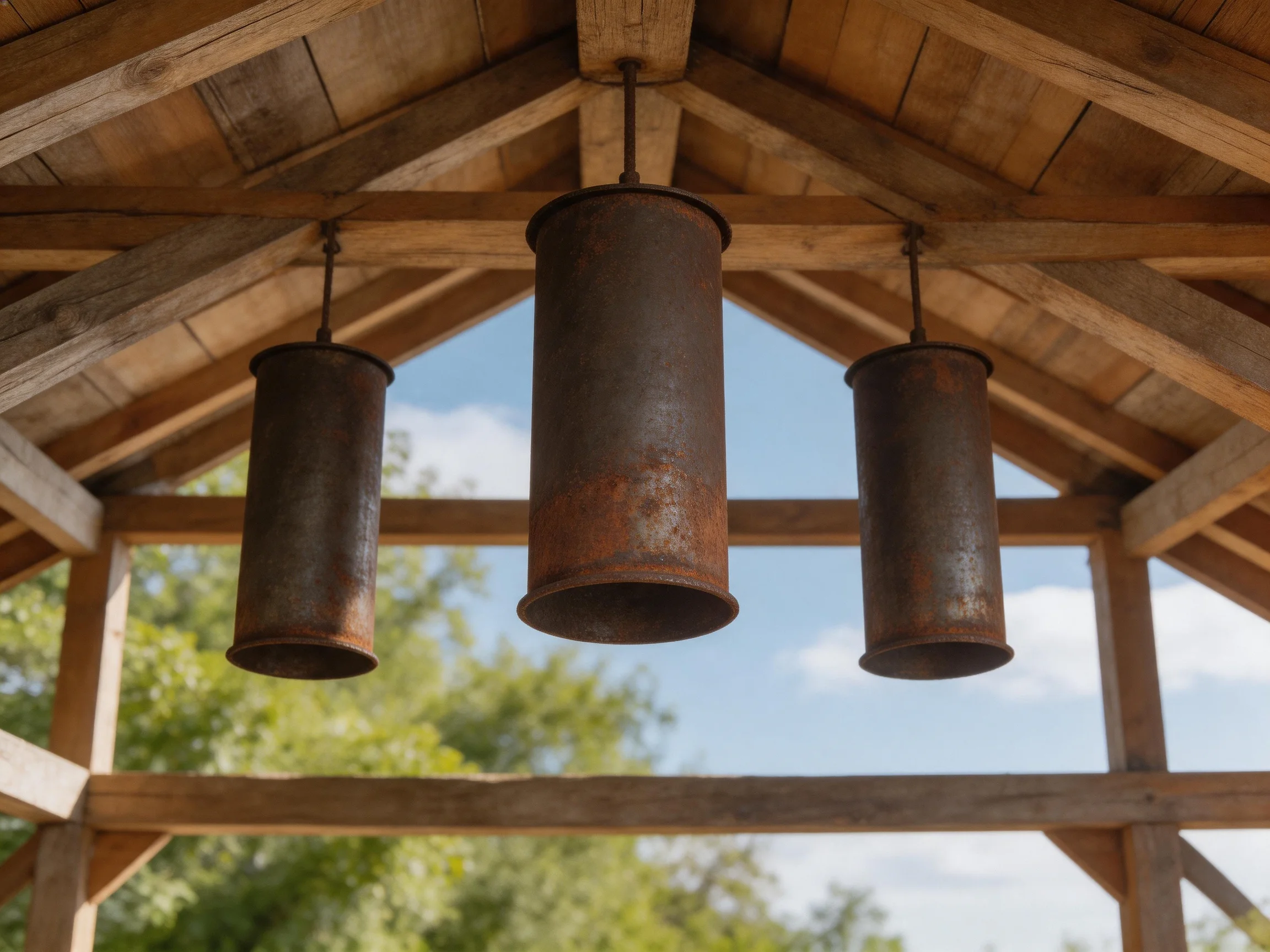 Three rusted cylindrical lamps hang beneath a wooden pavilion