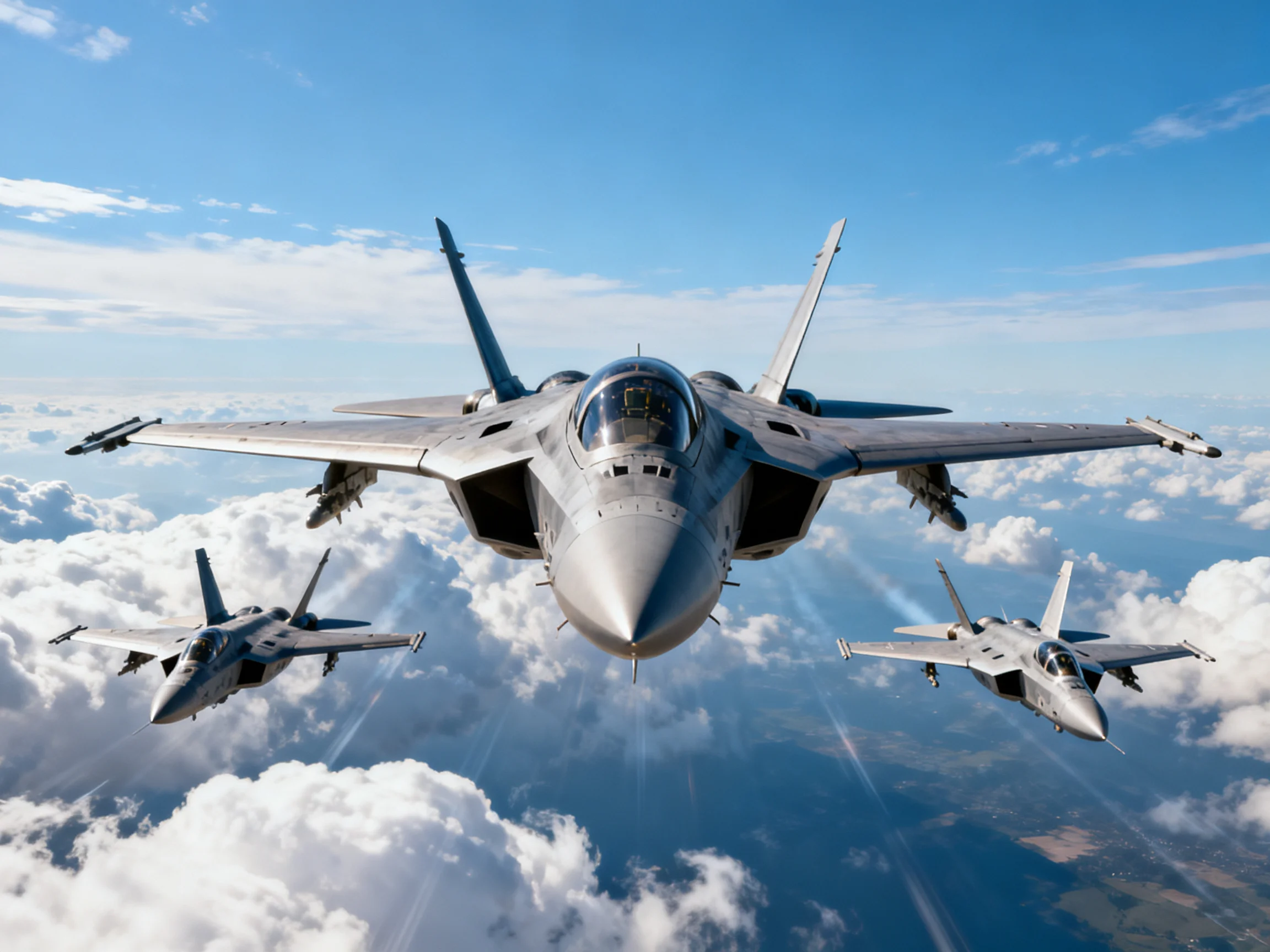 Three silver fighter jets soaring above fluffy white clouds