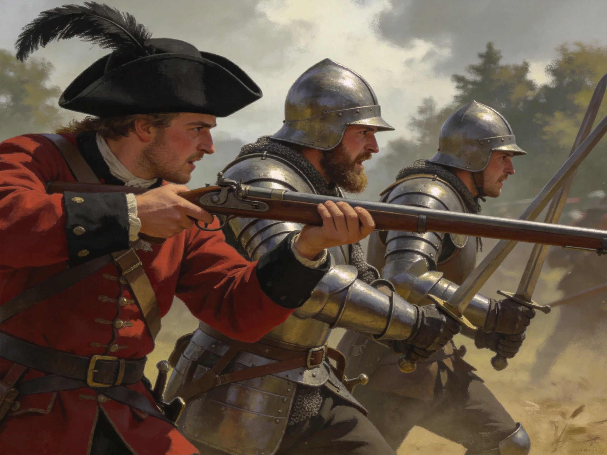 Three soldiers in red coats and silver armor with muskets and swords