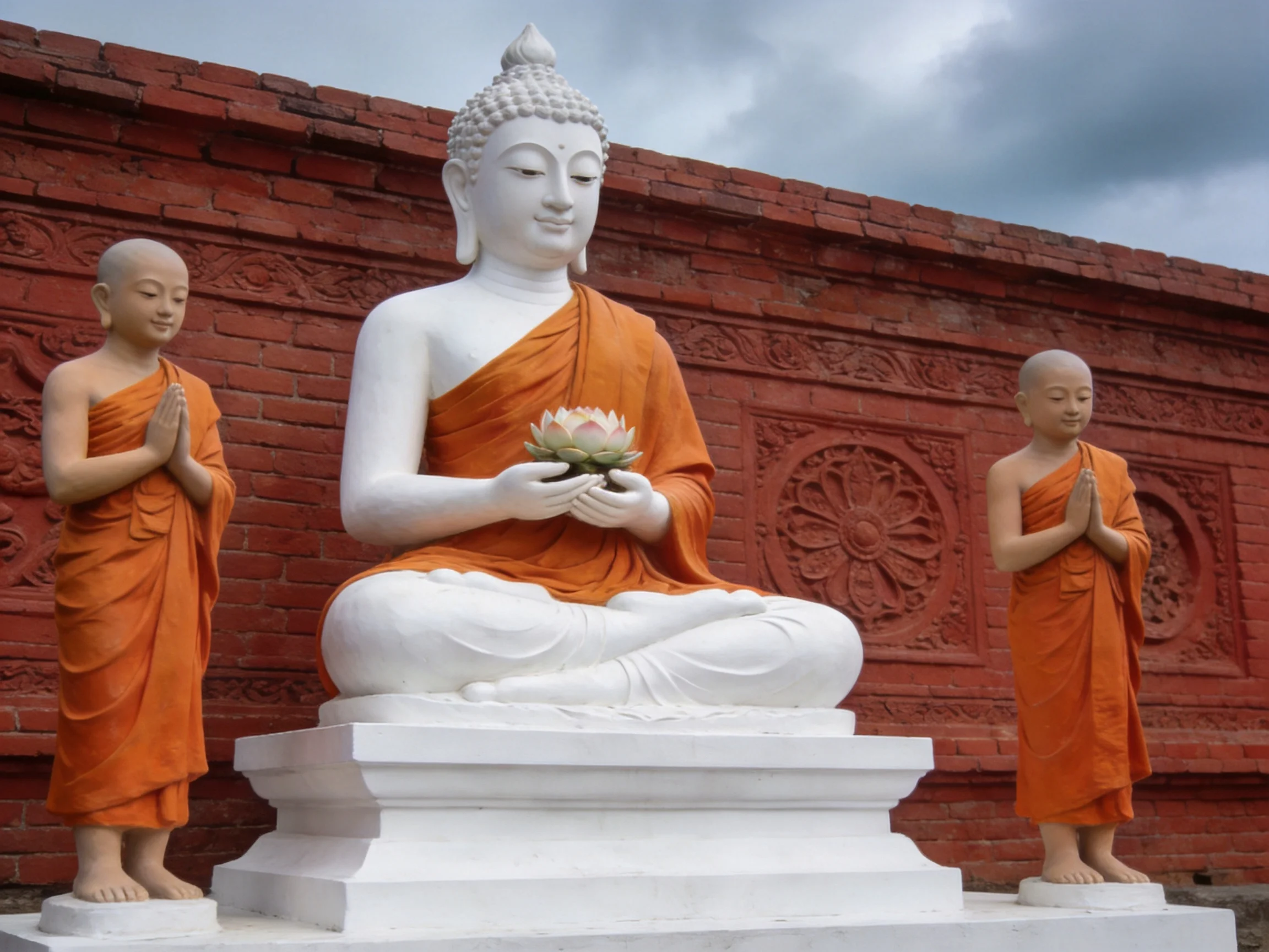 Three statues in orange robes beside a red brick wall with a central Buddha