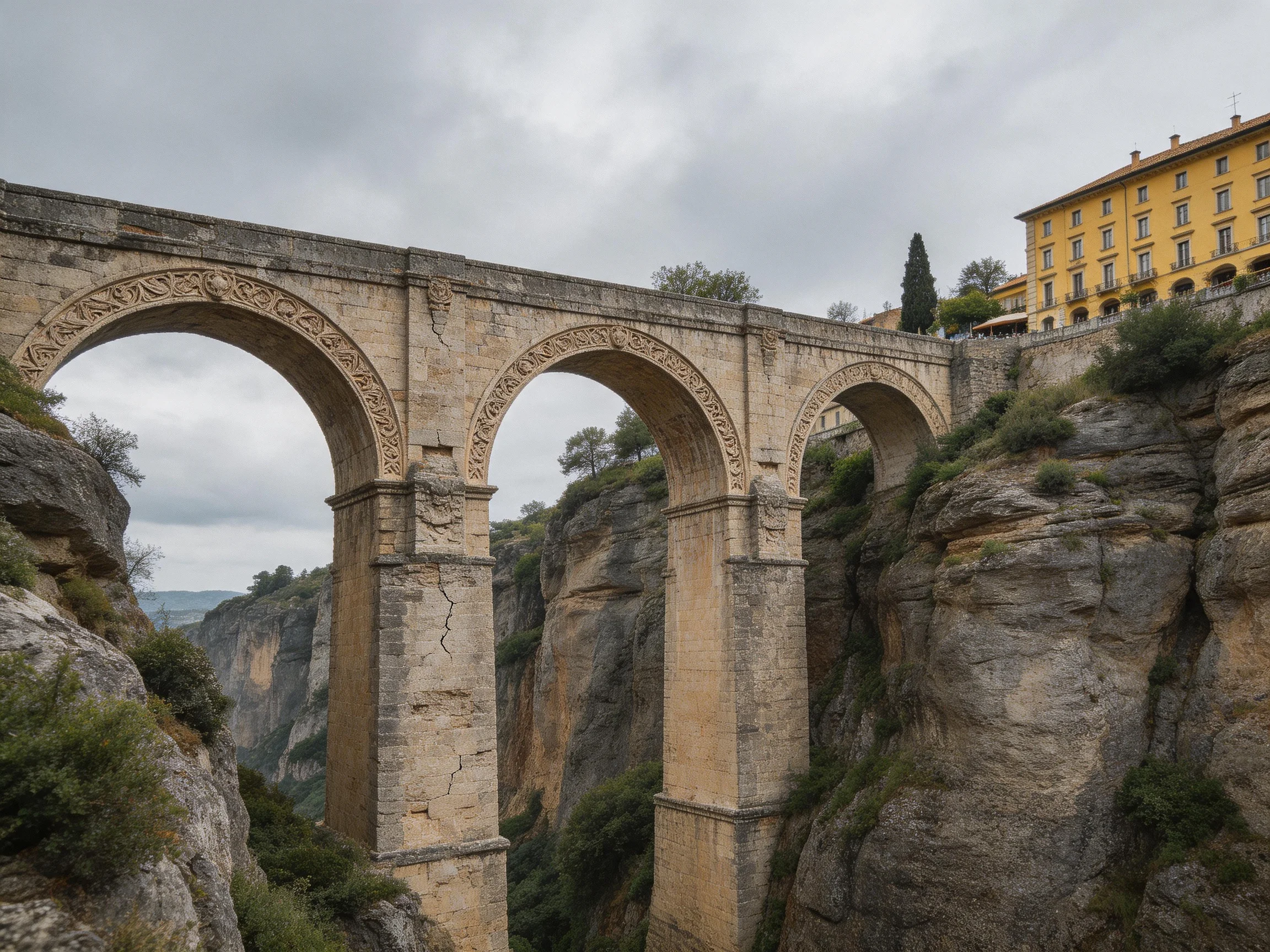 Three stone arches span a rocky canyon near a yellow historic building