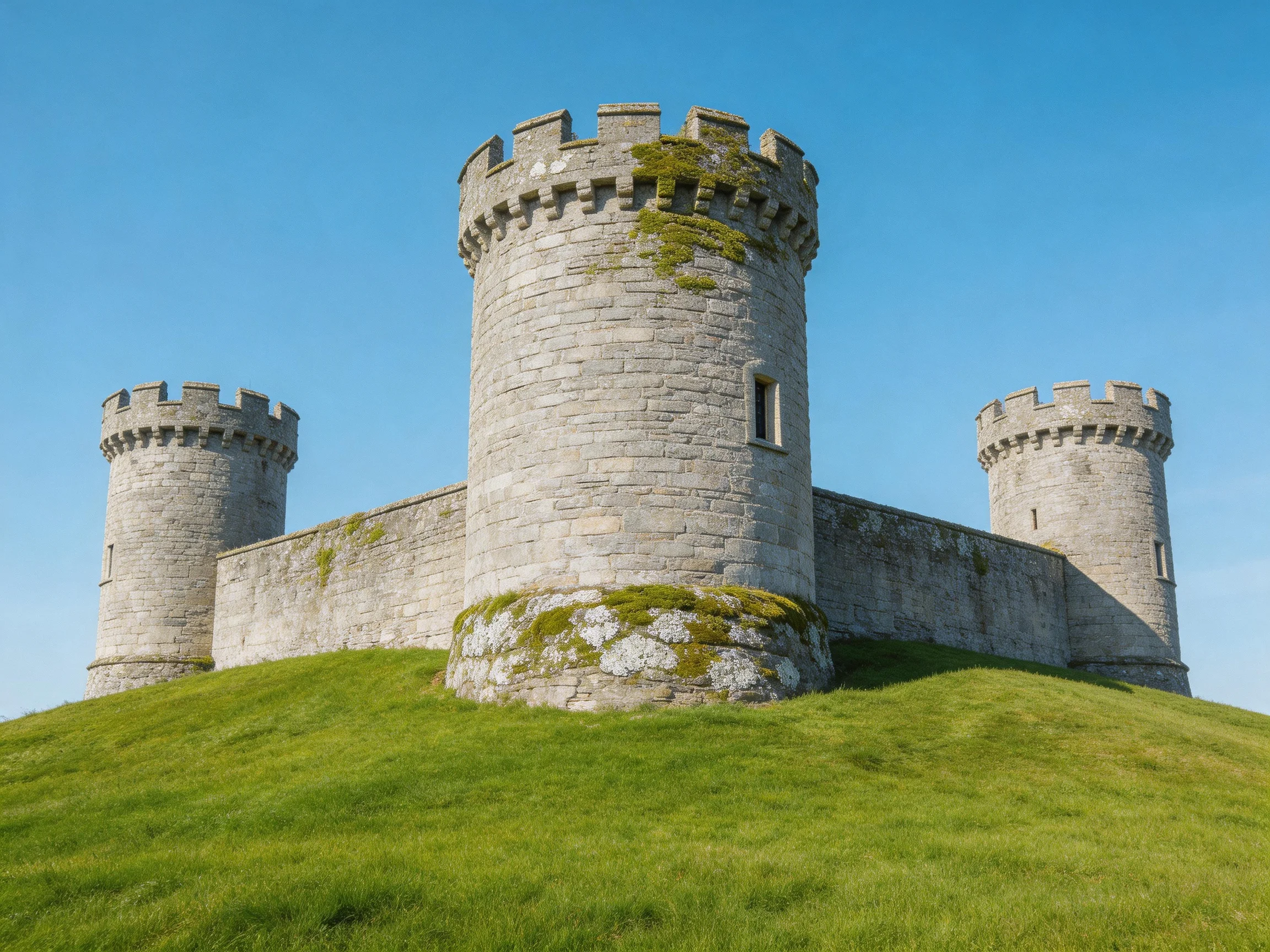 Three stone castle towers on a grassy hilltop under blue sky