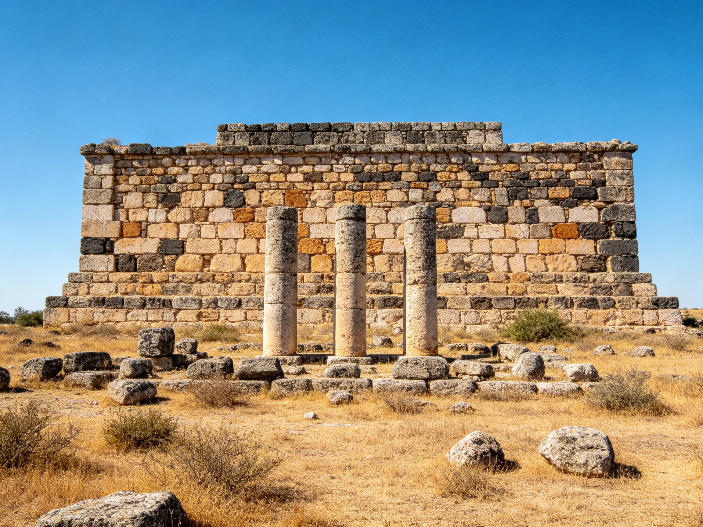 Three stone columns stand before an old brick-walled ruin under clear blue sky