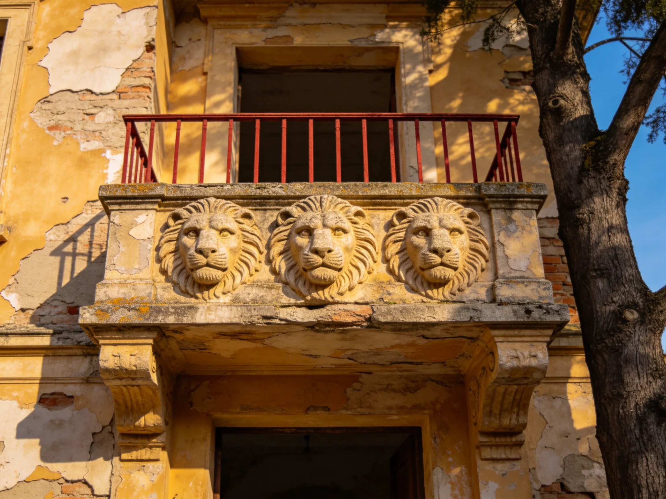 Three stone lion heads grace a weathered yellow building with red balcony railings