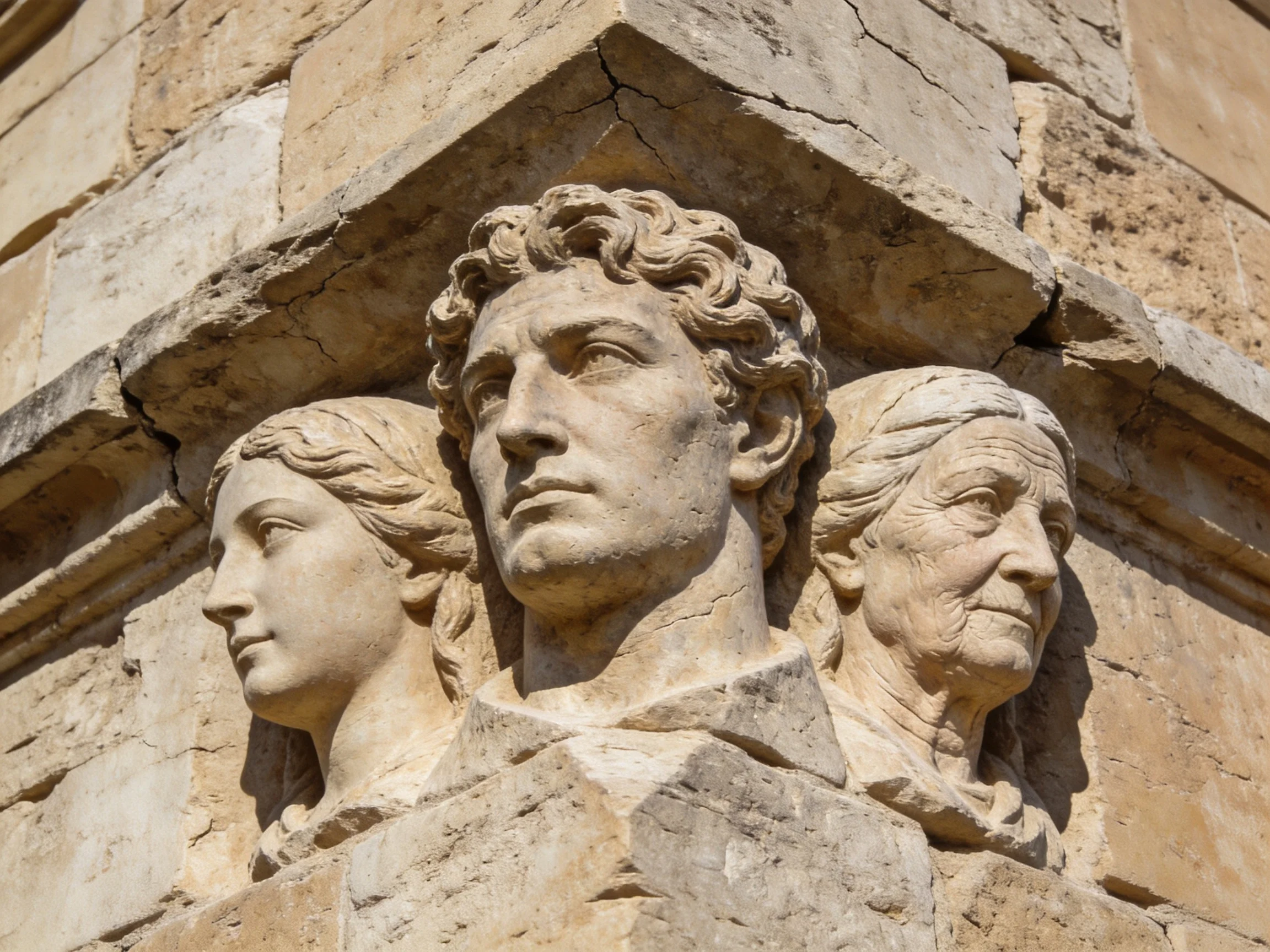 Three stone sculpted busts set within an aged stone facade