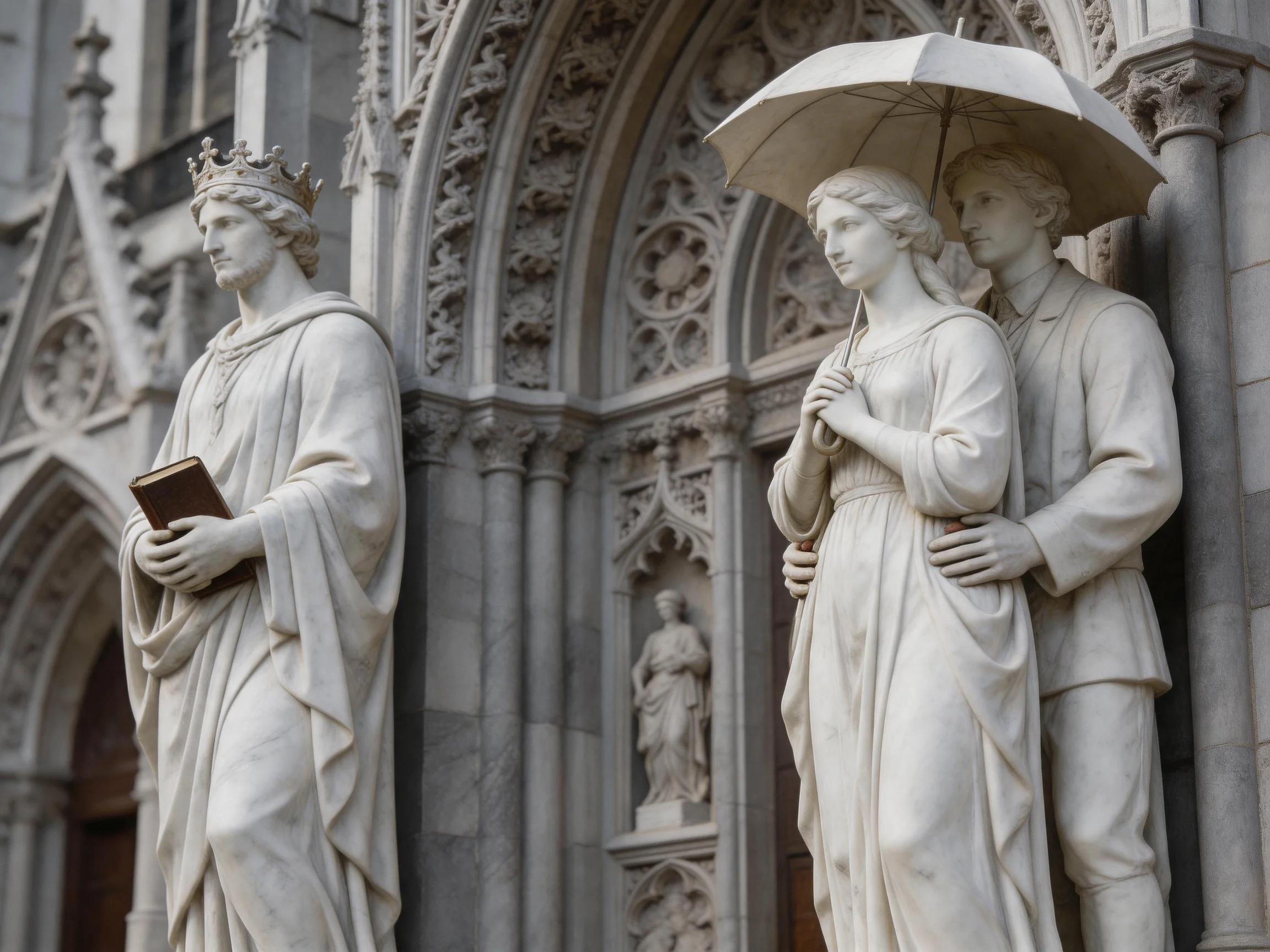 Three stone statues near elaborate Gothic architectural details