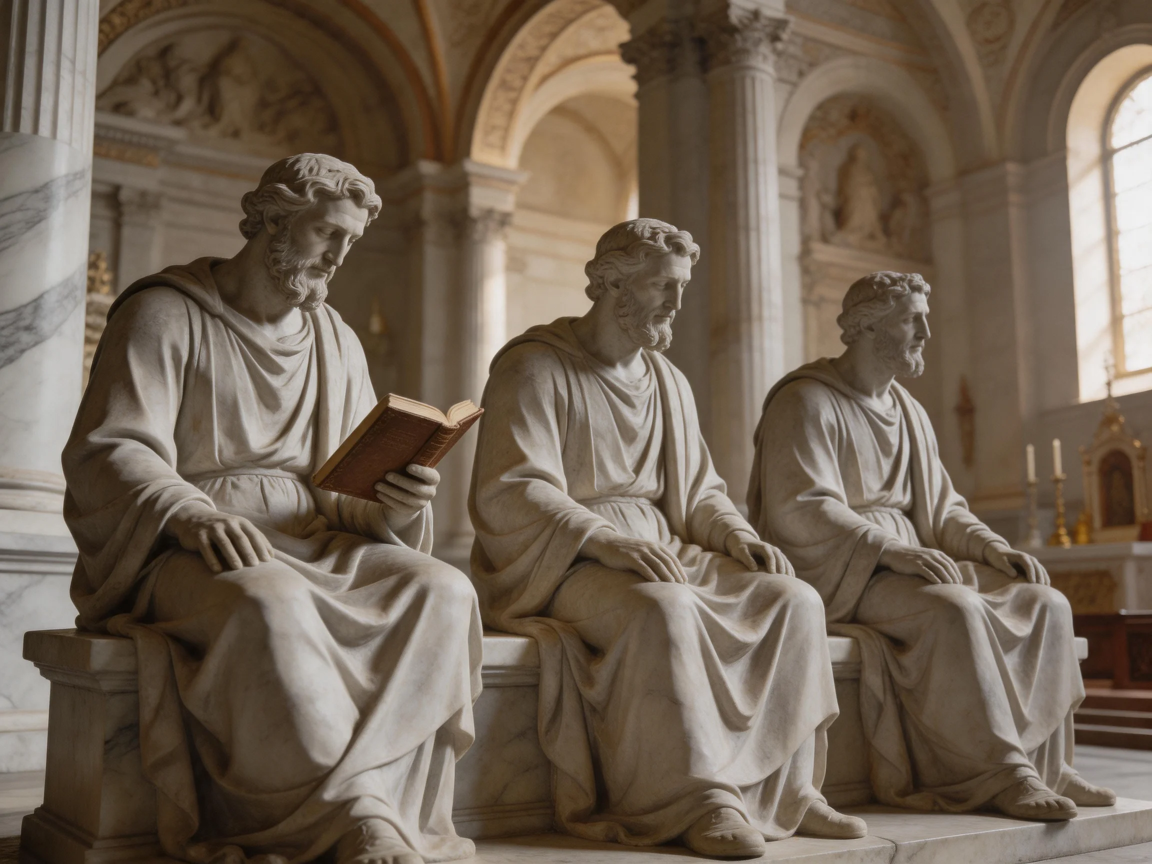 Three stone statues of robed figures in an ornate church interior