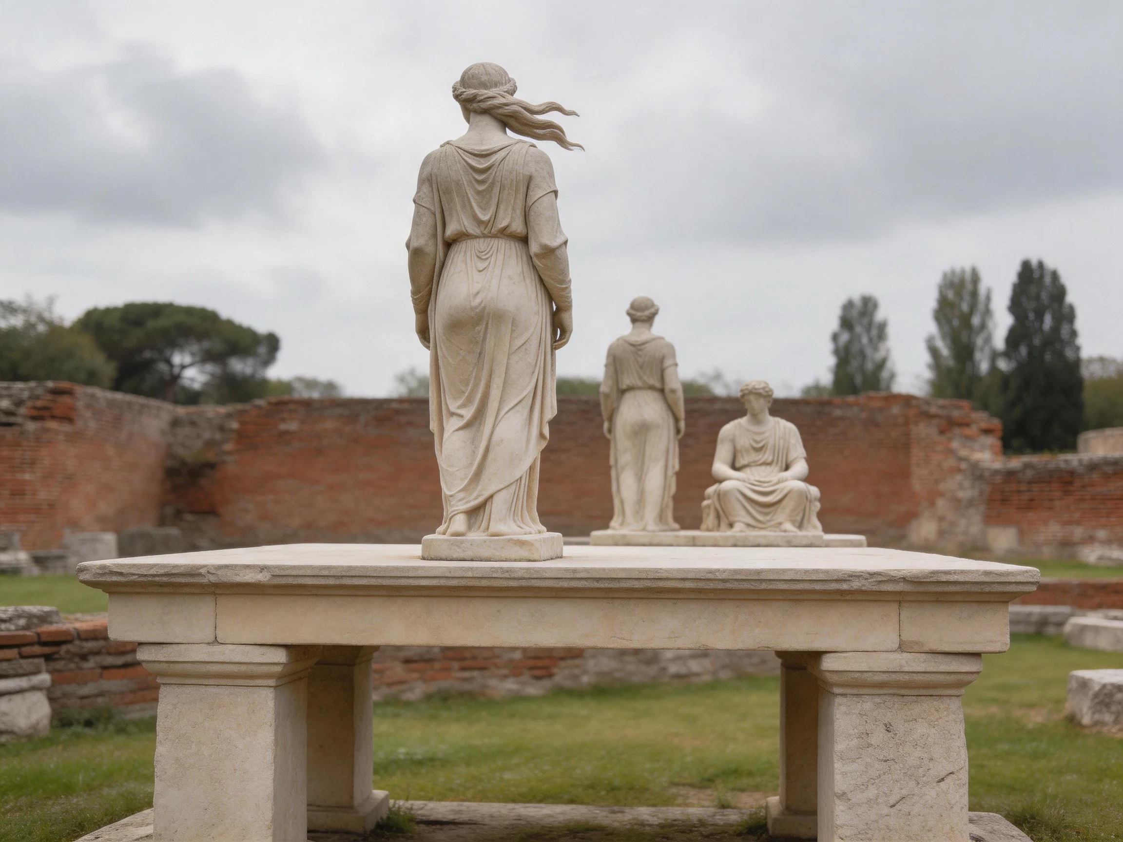 Three stone statues on a marble platform amid ancient brick ruins