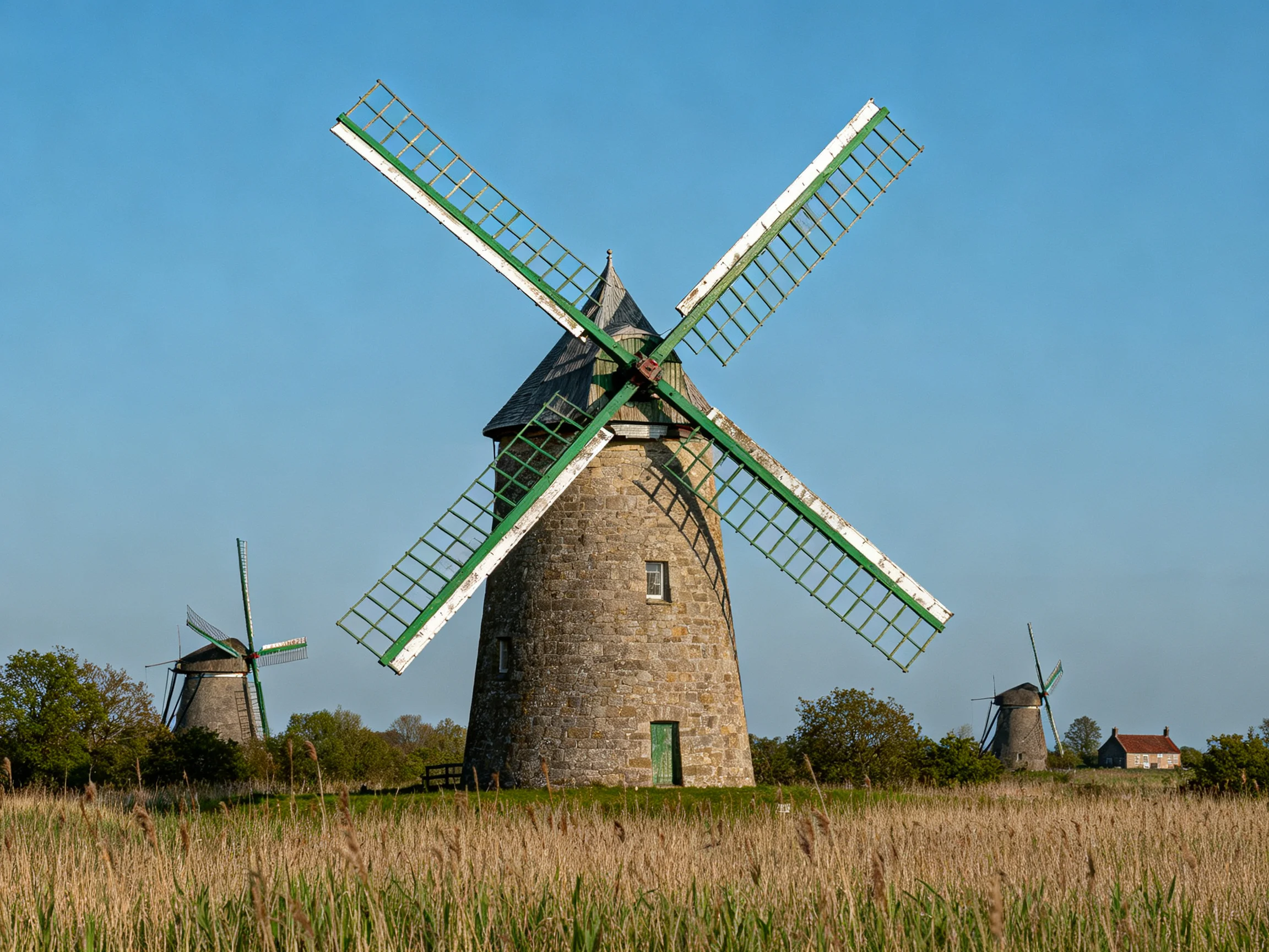 Three stone windmills with green blades stand in golden fields under clear blue sky