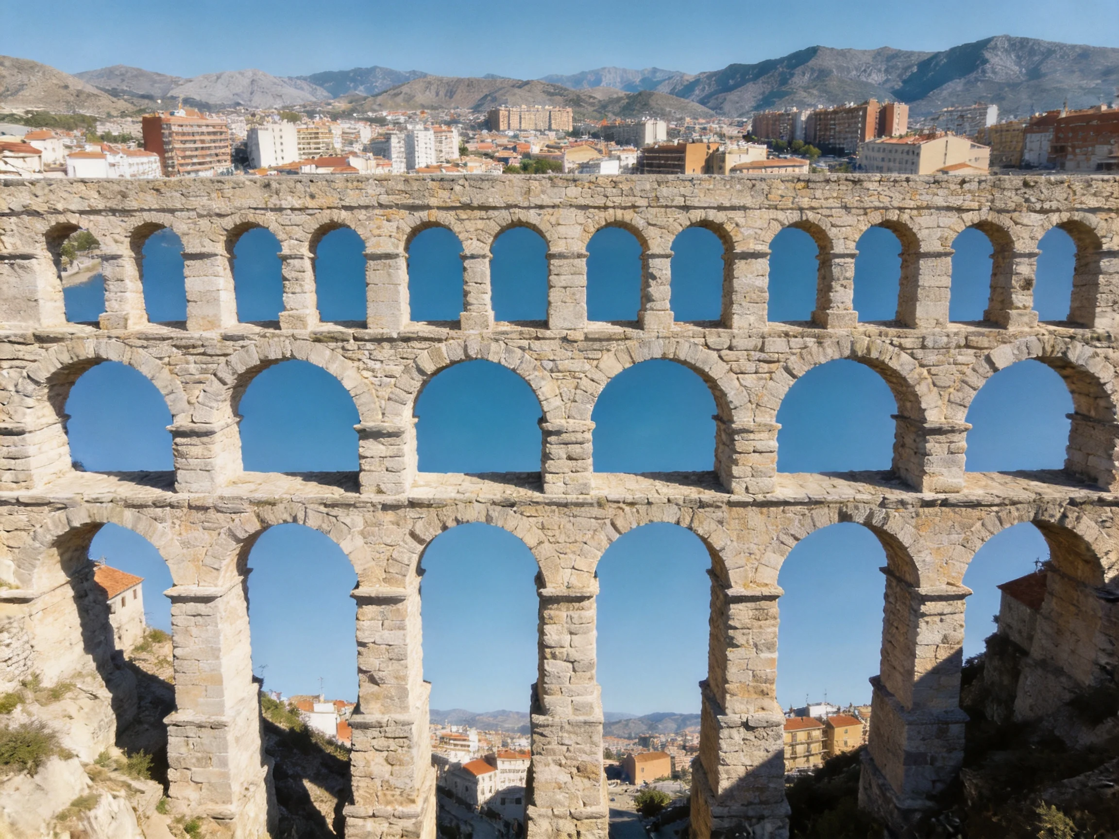 Three-tiered ancient stone aqueduct with blue sky backdrop