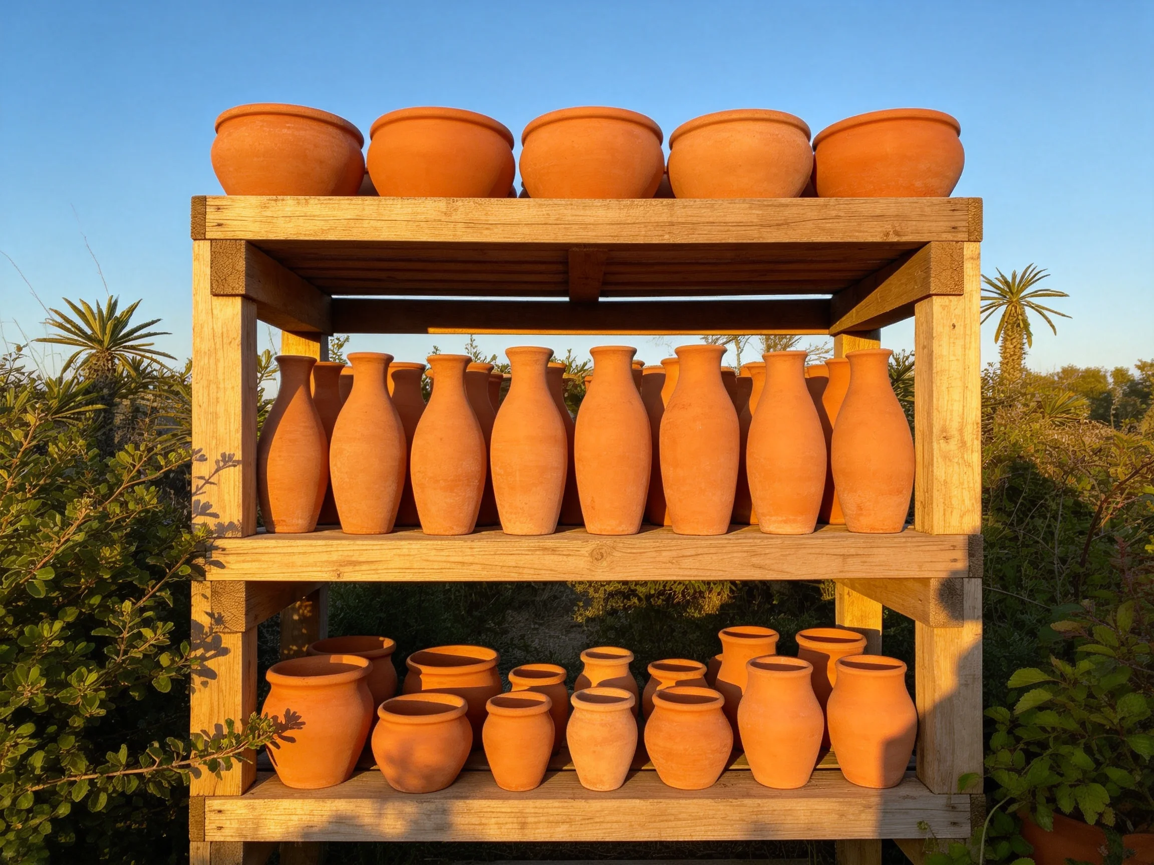 Three-tiered wooden shelves hold terracotta pots in three rows