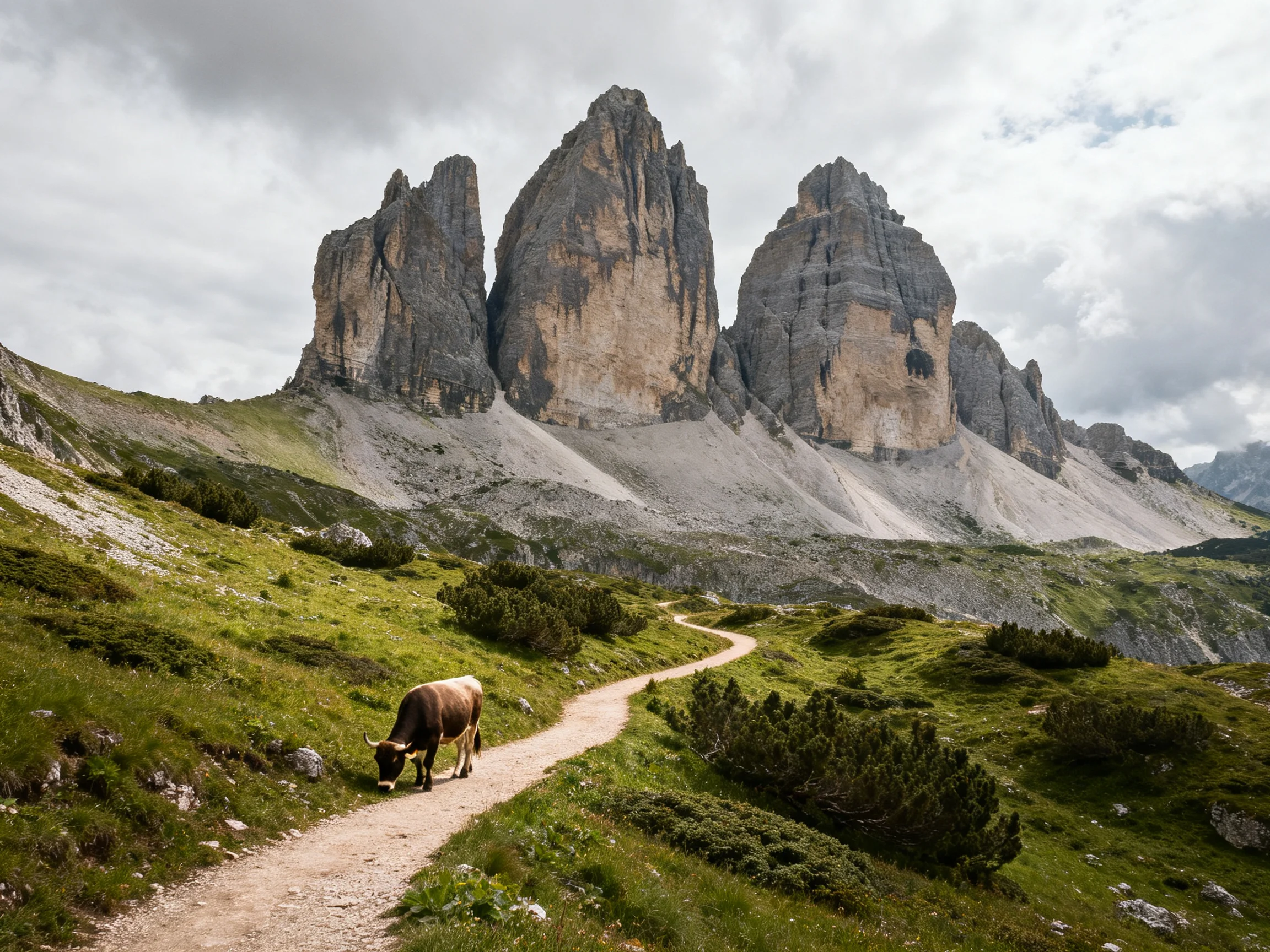 Three towering gray rock formations loom over a winding dirt path with a grazing brown cow.