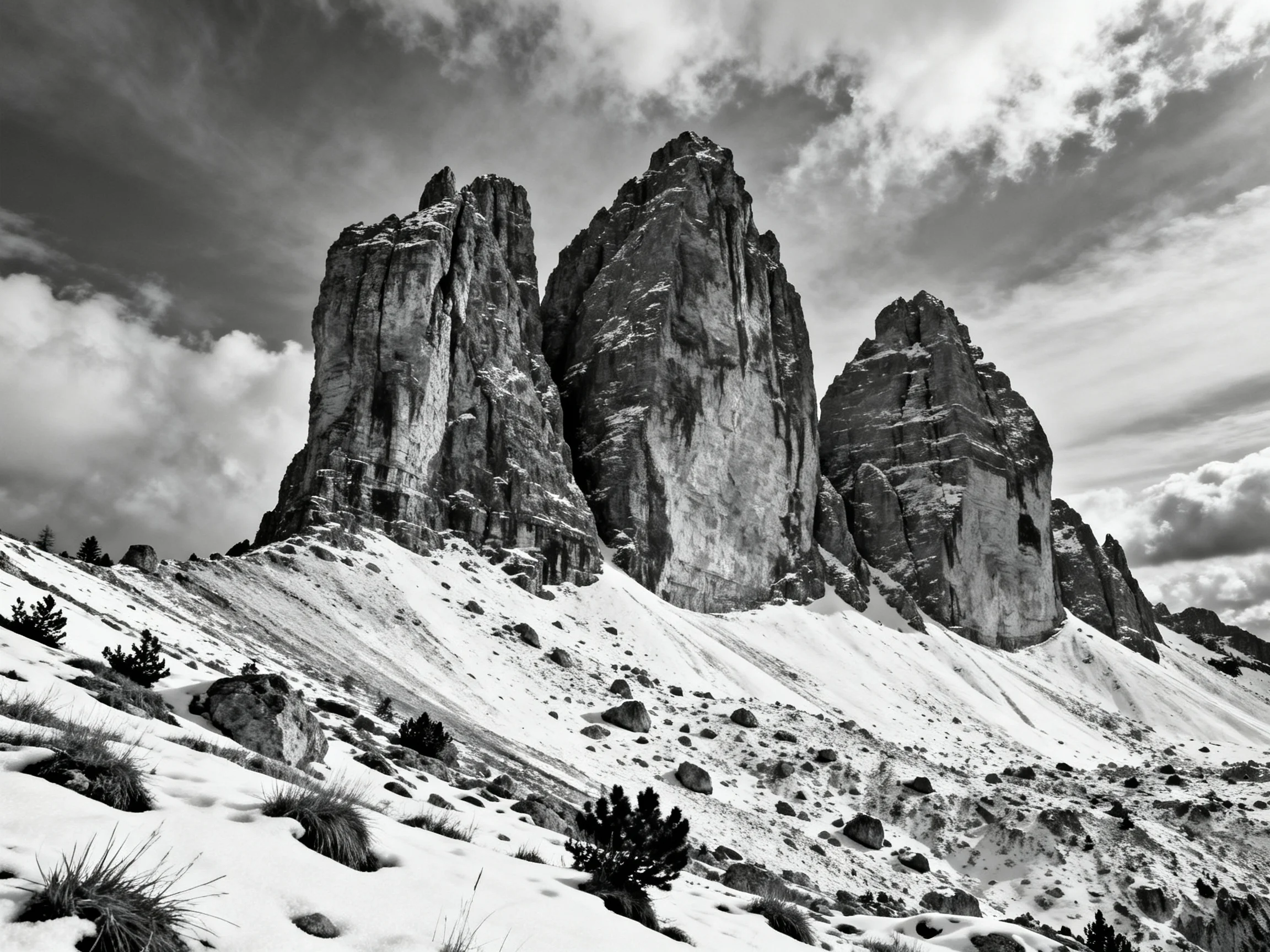 Three towering rock formations stand against a cloudy sky with snow-covered terrain