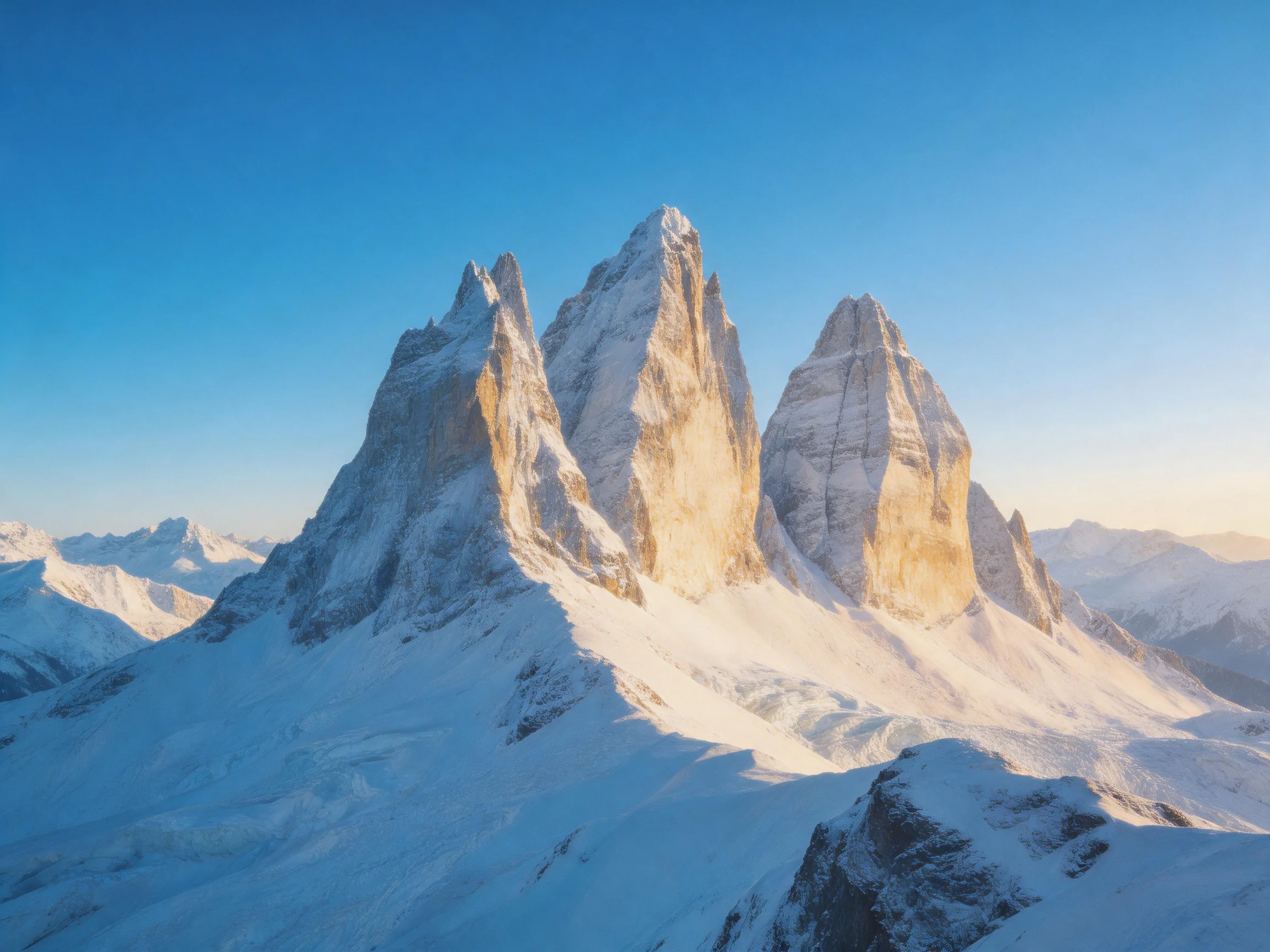 Three towering snow-capped peaks rise against a clear blue sky