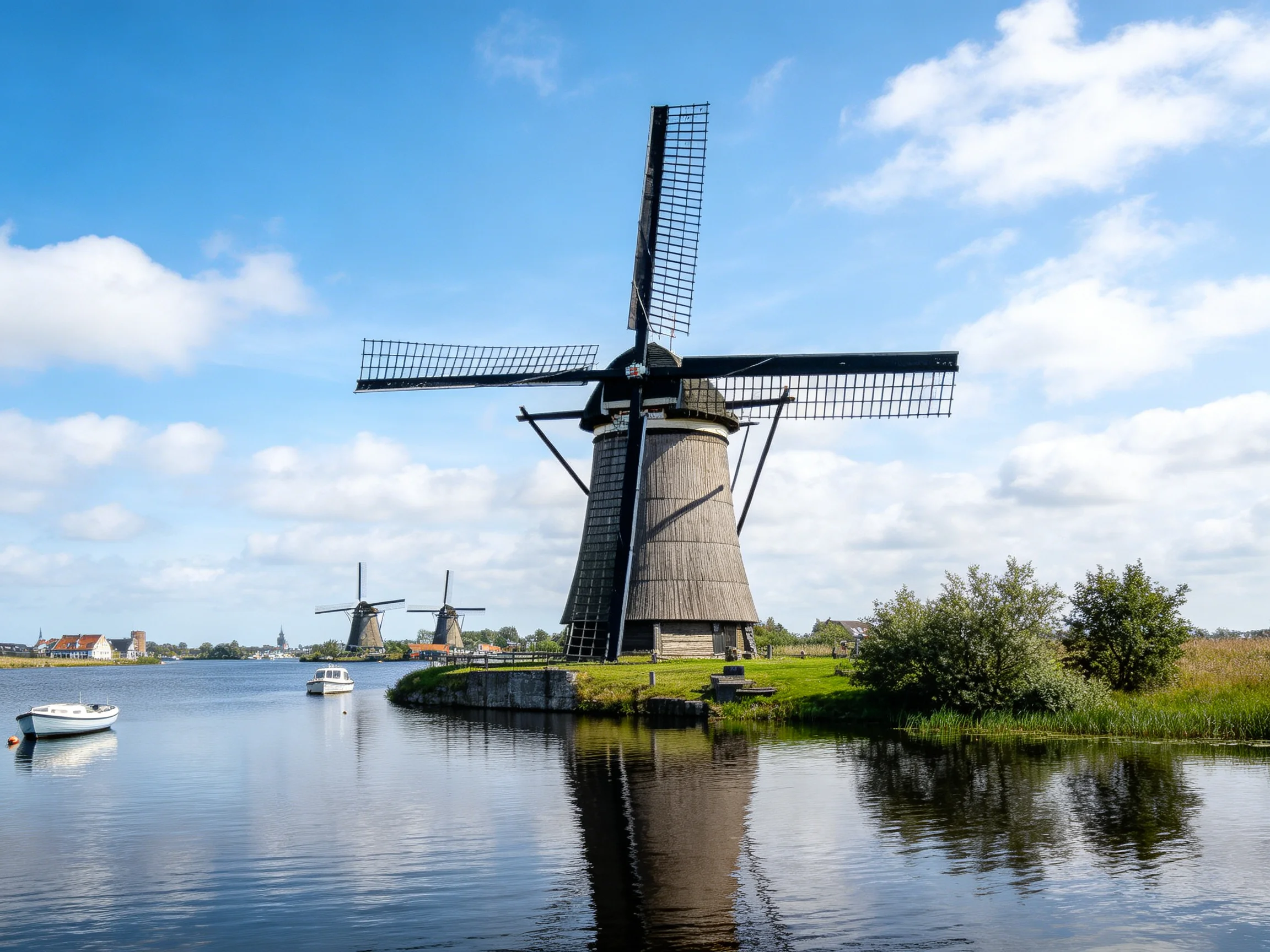Three traditional windmills near serene waterways under blue skies