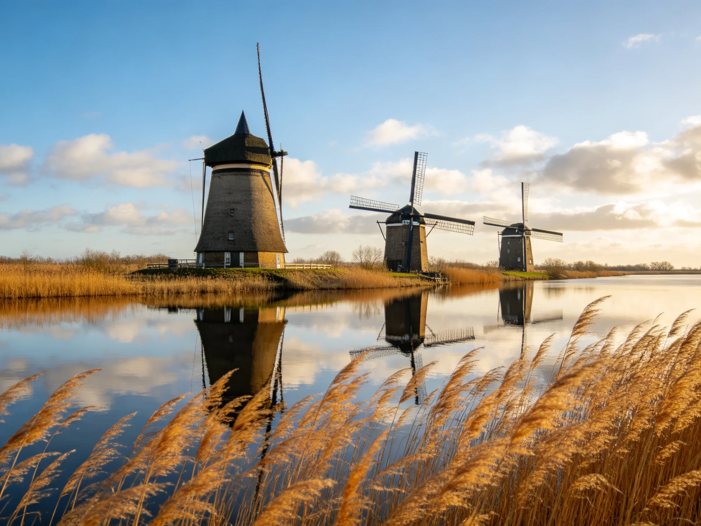 Three traditional windmills reflect in calm water amid golden reeds