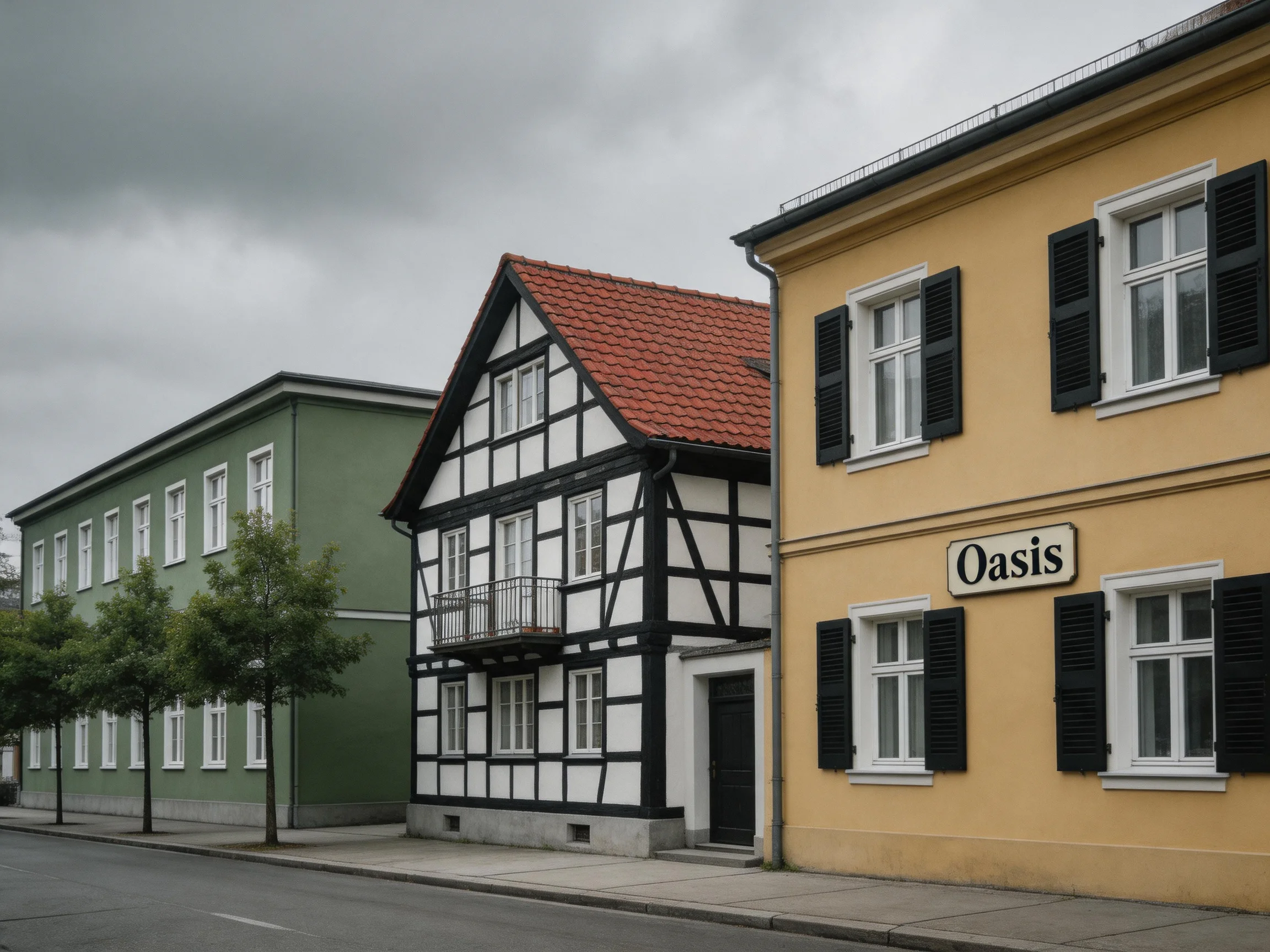 Three uniquely styled historic buildings are positioned along a street beneath gloomy skies