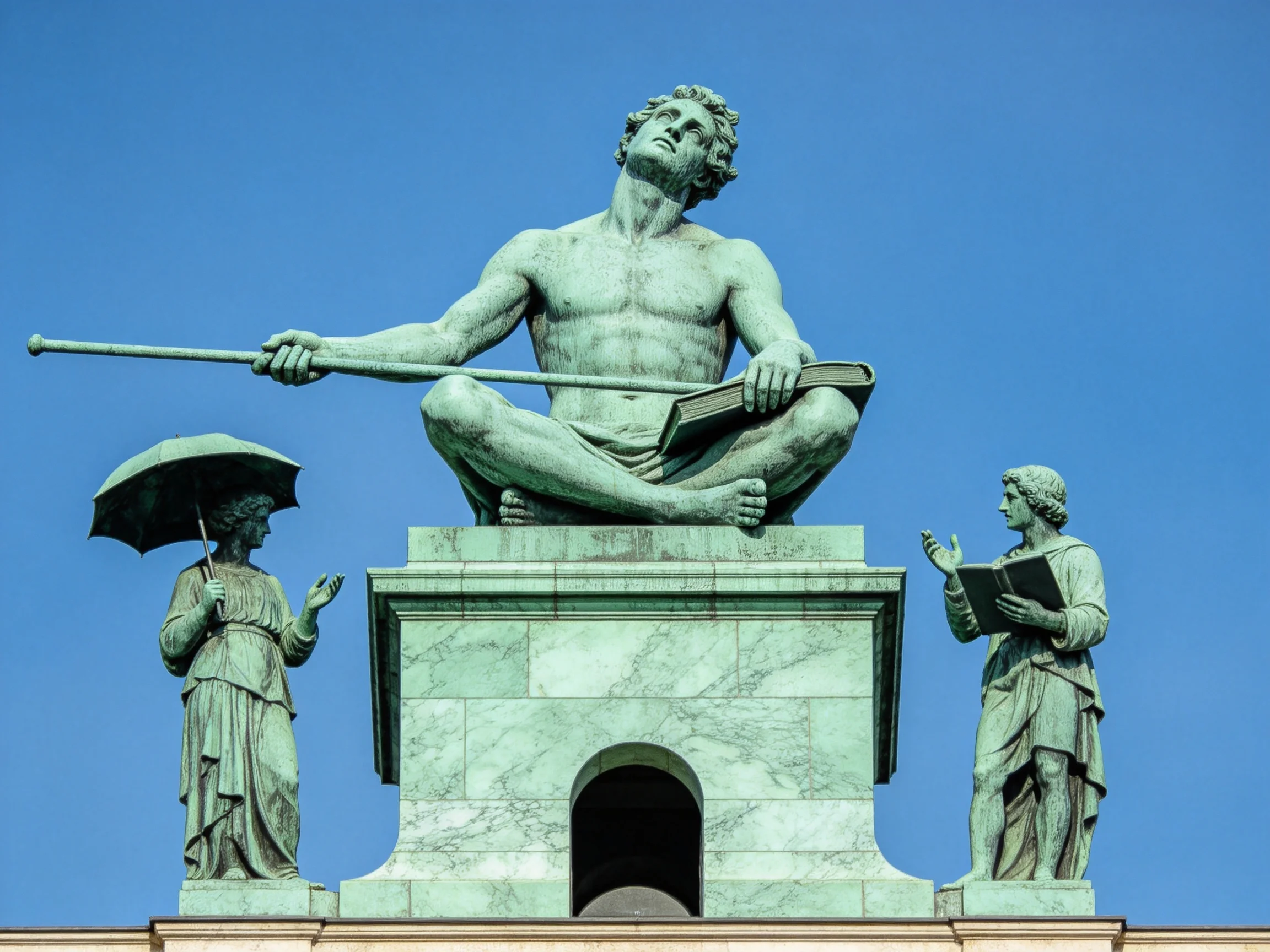 Three verdigris statues atop a marble pedestal against clear blue sky