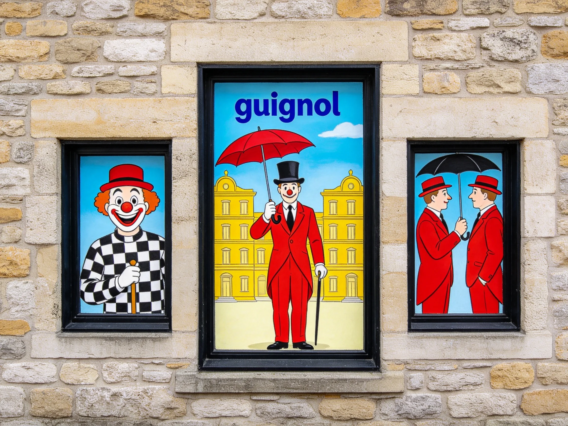 Three vibrant clown murals displayed in stone building windows