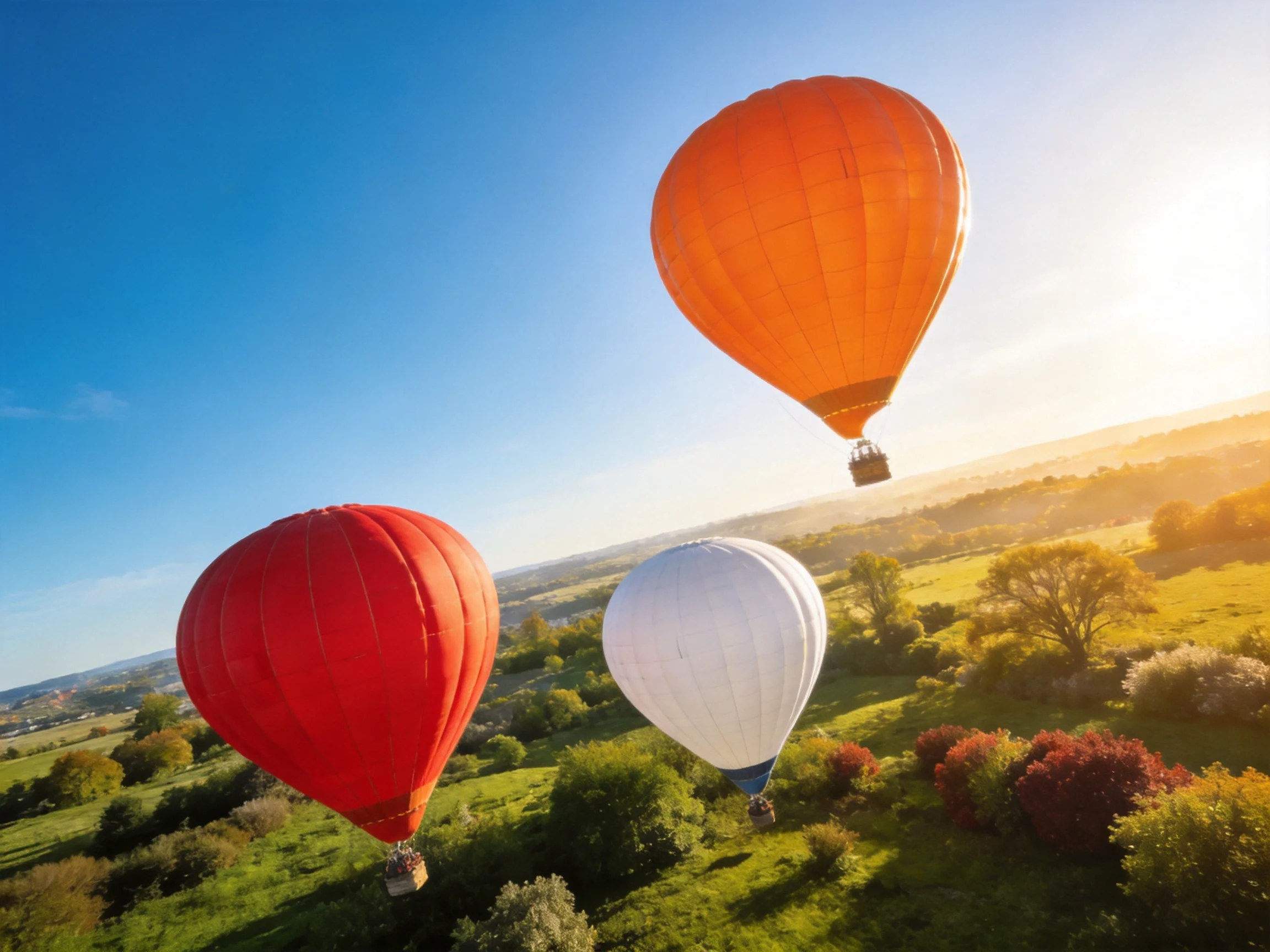 Three vibrant hot air balloons float over a green countryside