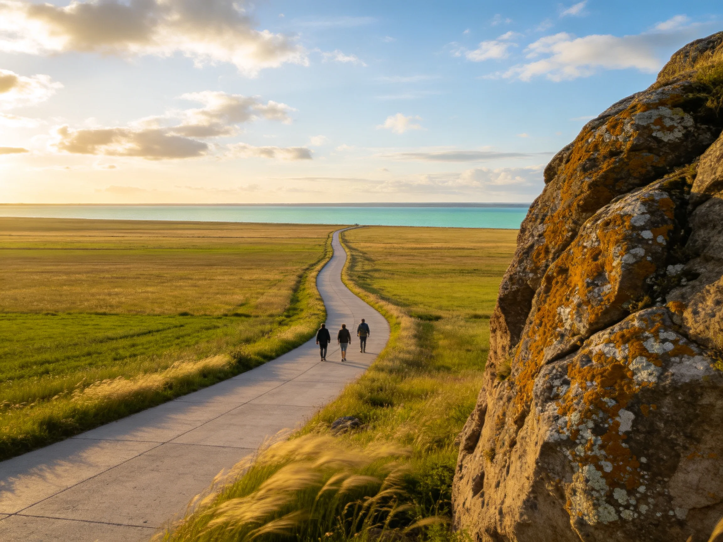 Three walkers follow a winding path toward turquoise waters near large rock formations