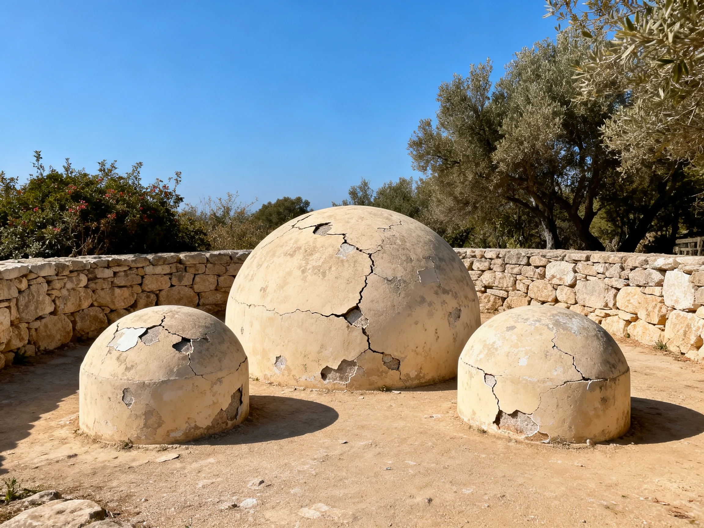 Three weathered concrete domes beside ancient stone walls