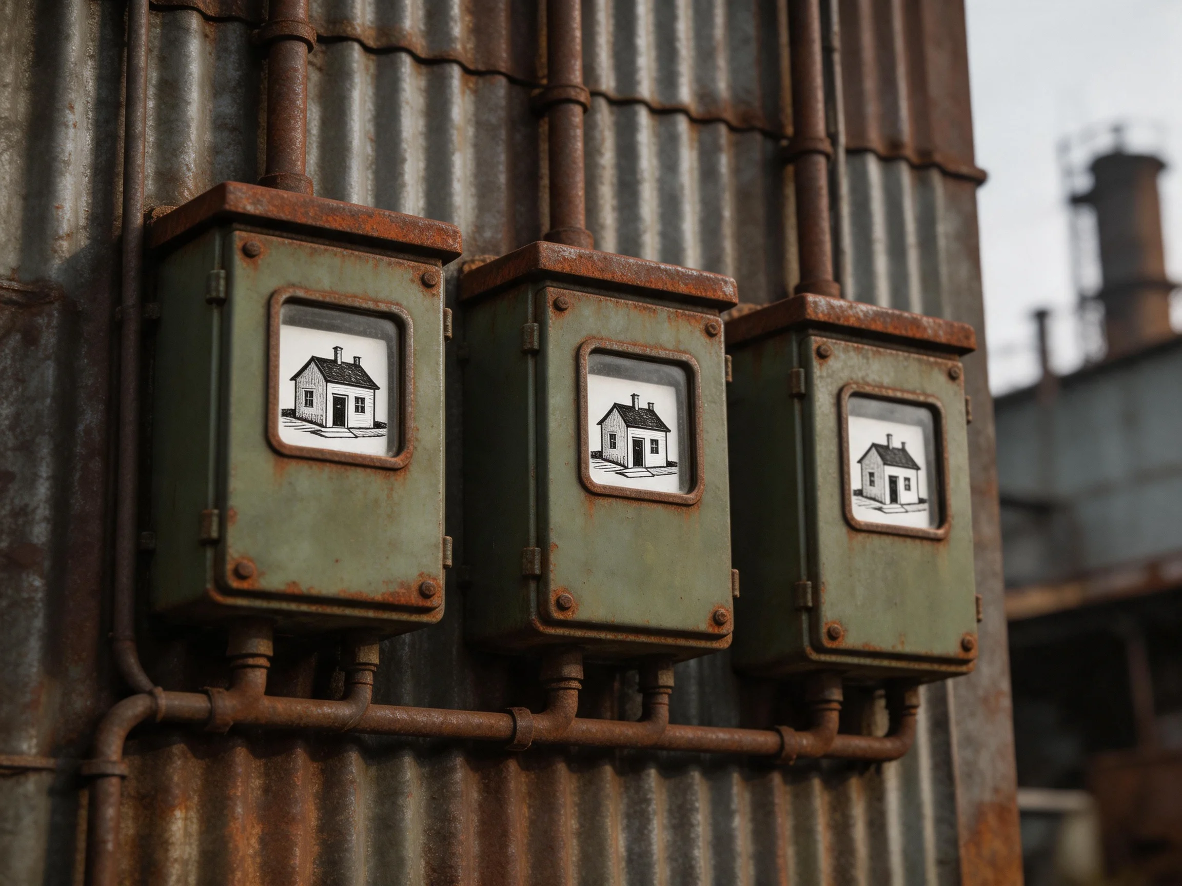 Three weathered green electrical boxes with house illustrations on rusted industrial wall