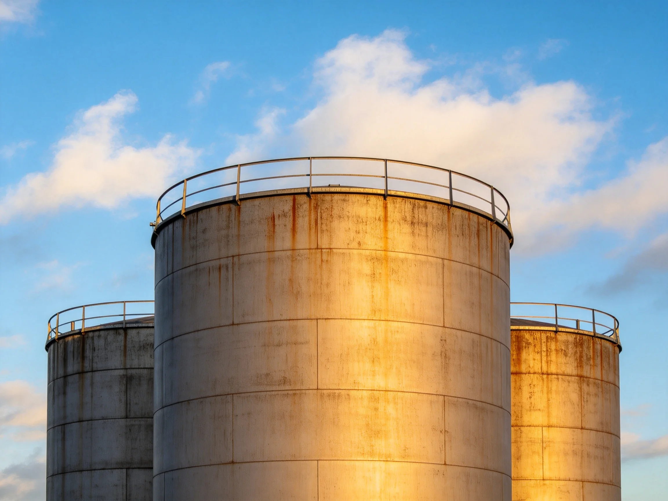 Three weathered metal silos against a bright blue sky with scattered clouds