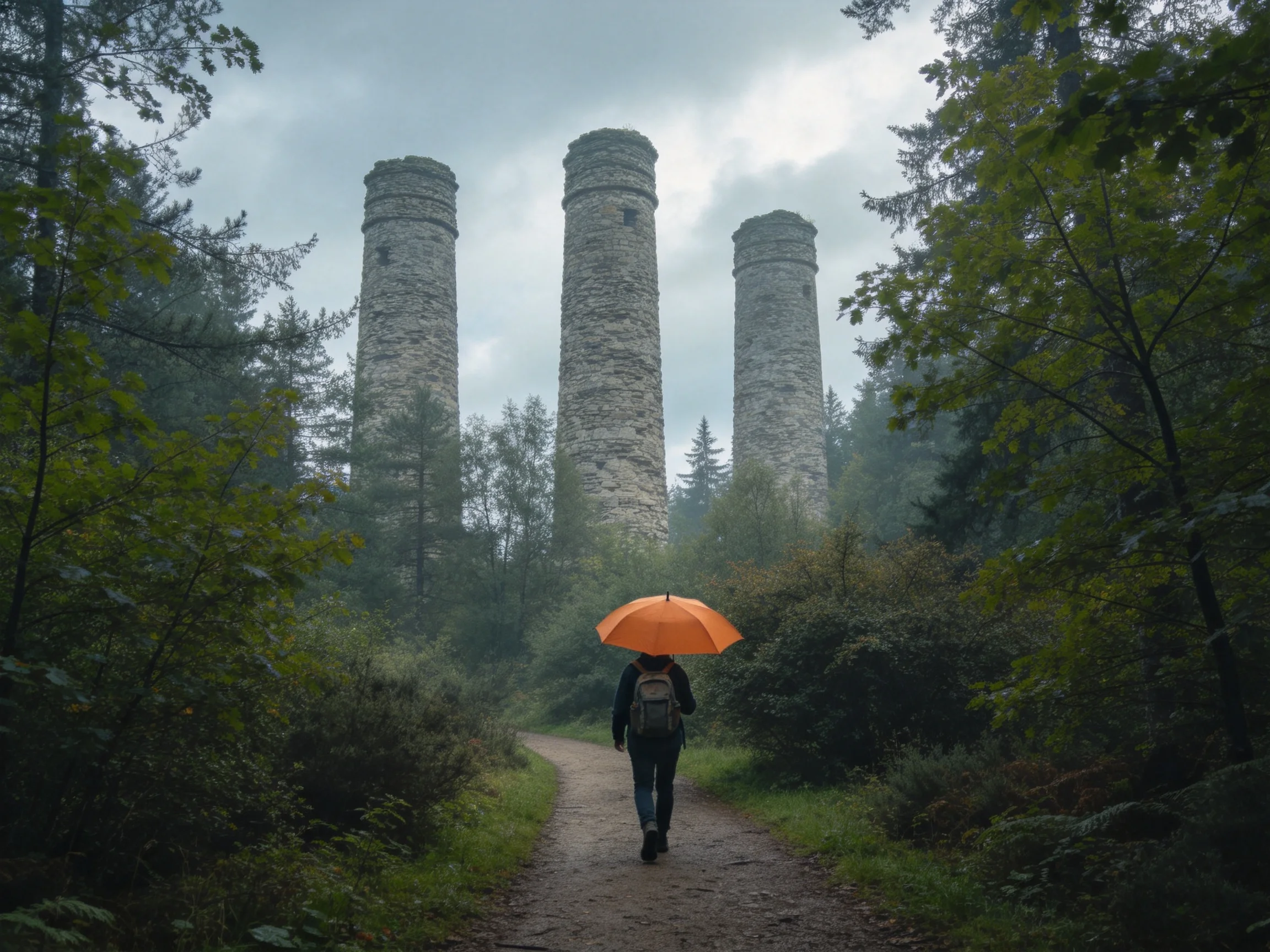 Three weathered stone towers loom behind a hiker with an orange umbrella in a forest