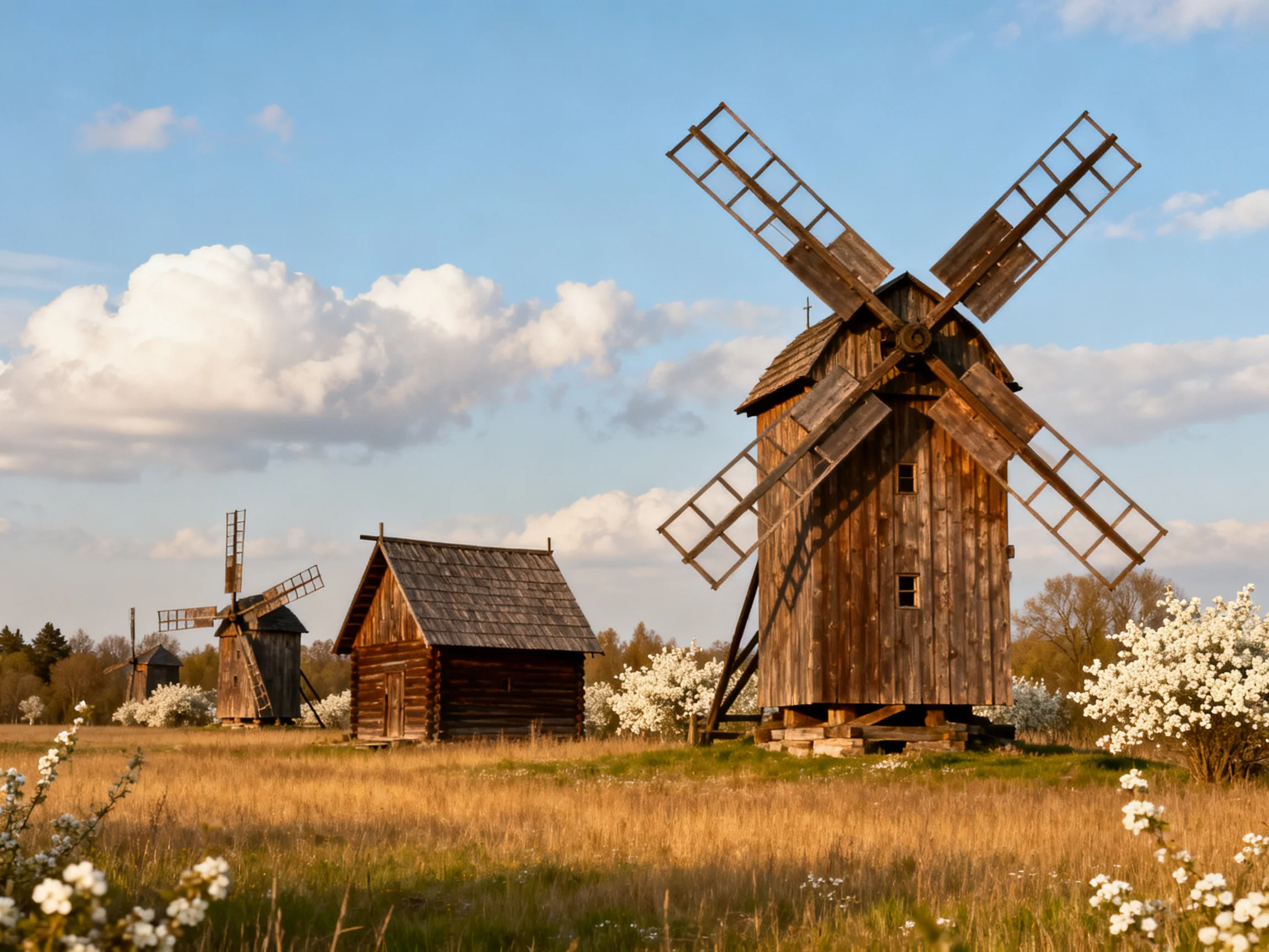 Three weathered windmills stand near rustic cabins under a bright blue sky