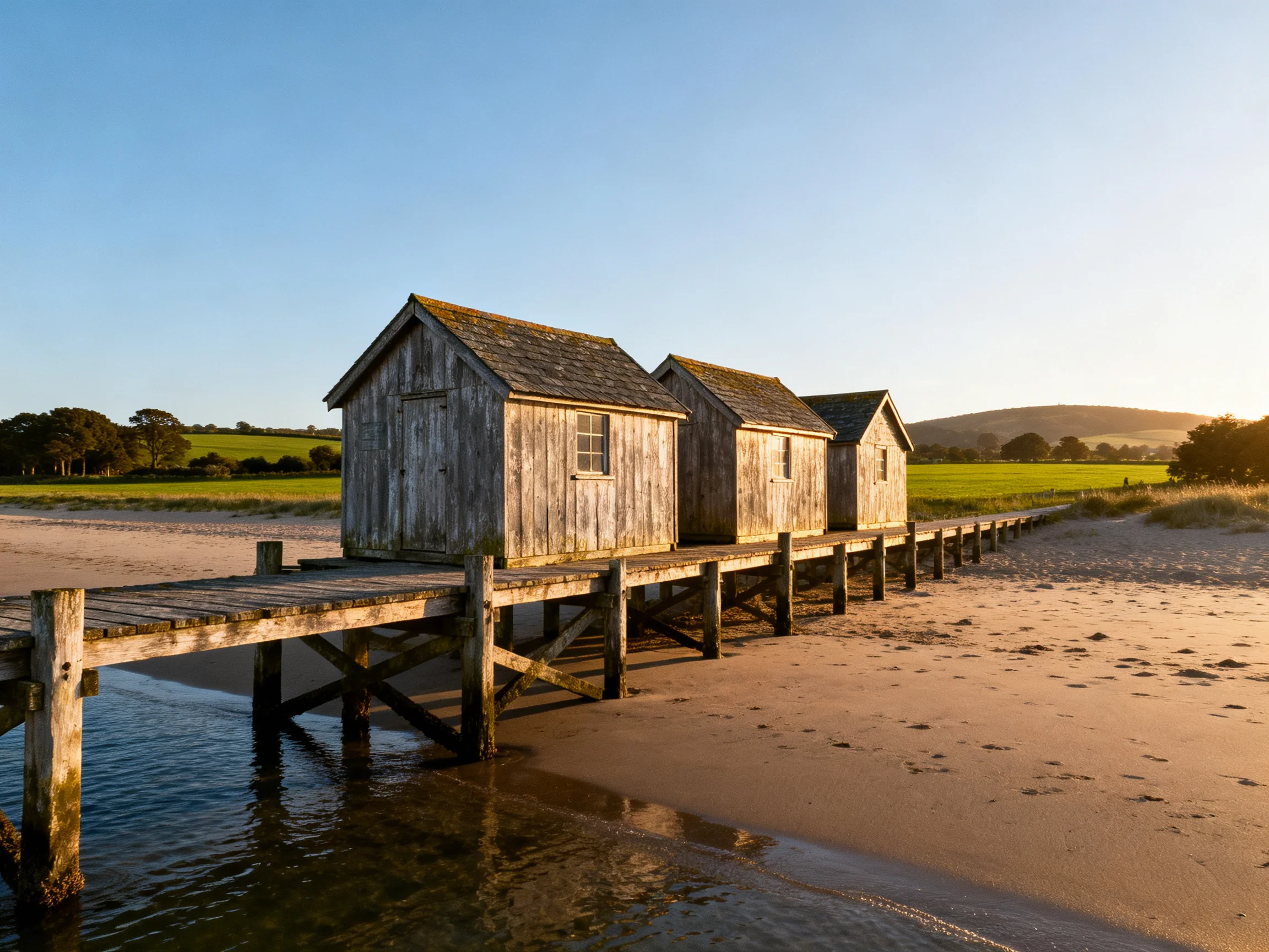 Three weathered wooden cabins sit atop a long pier over sandy shores