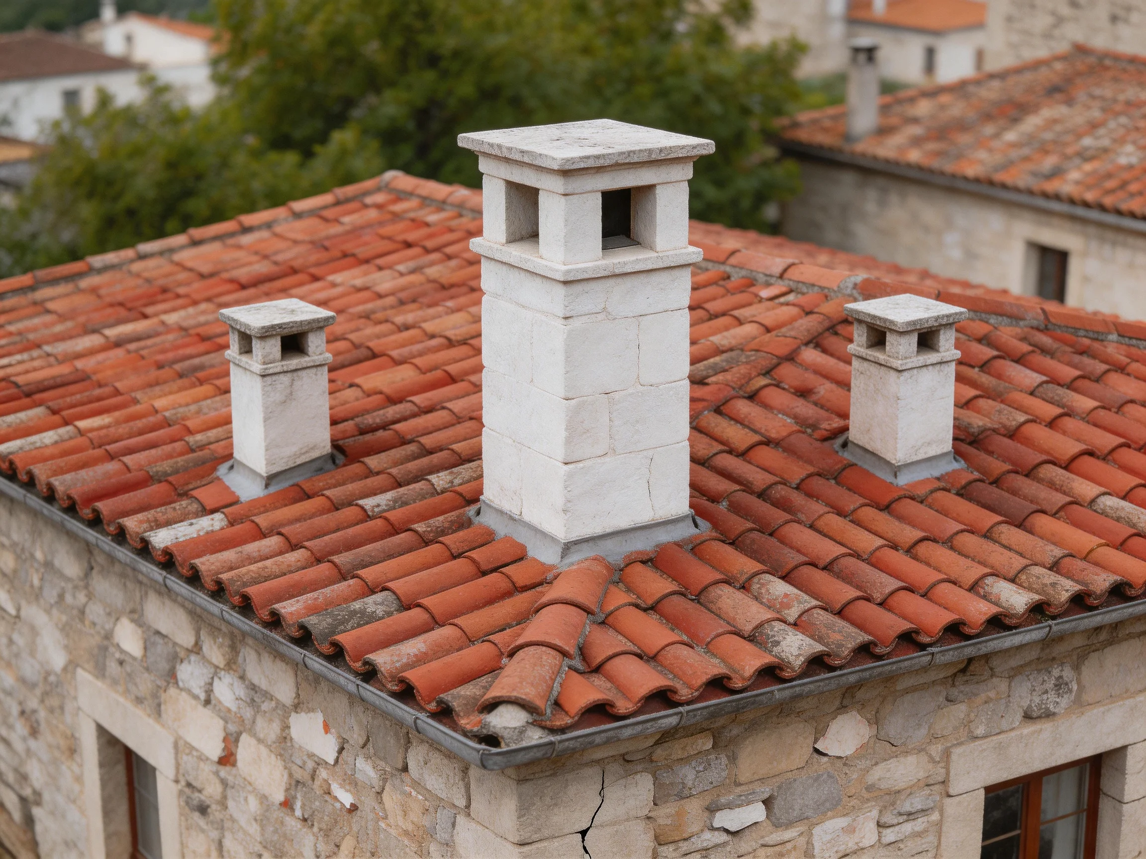 Three white chimneys atop a stone house with red terracotta tiles
