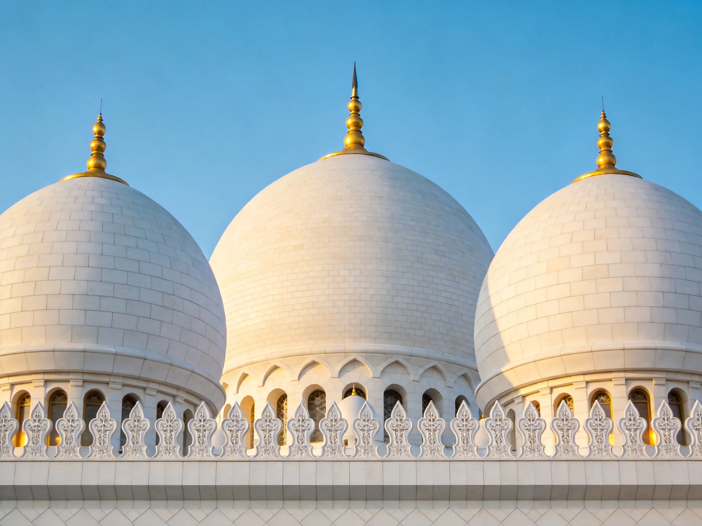 Three white domes topped with golden spires under clear blue sky