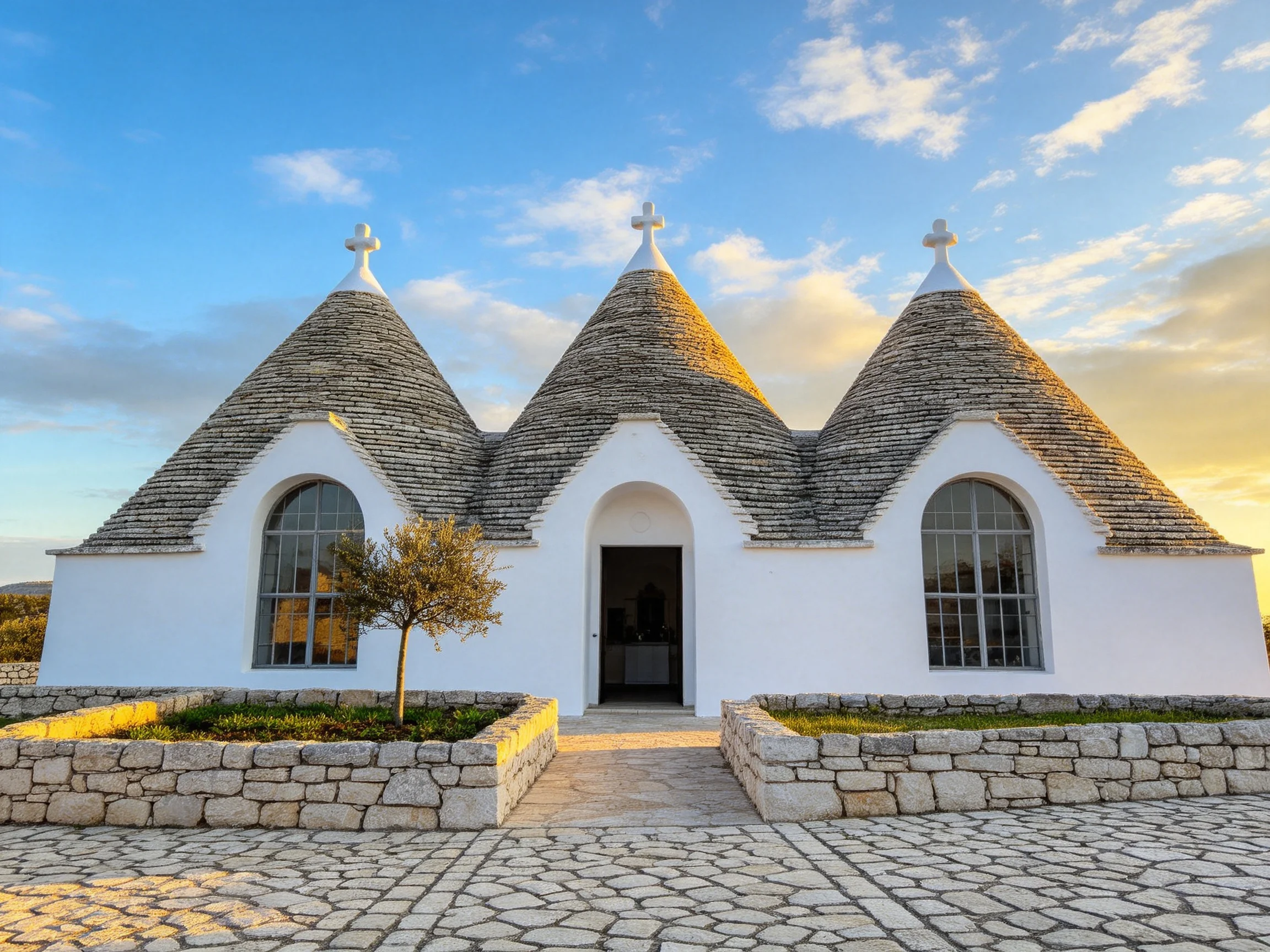 Three white trulli houses with conical roofs and arched windows sit under a clear sky.