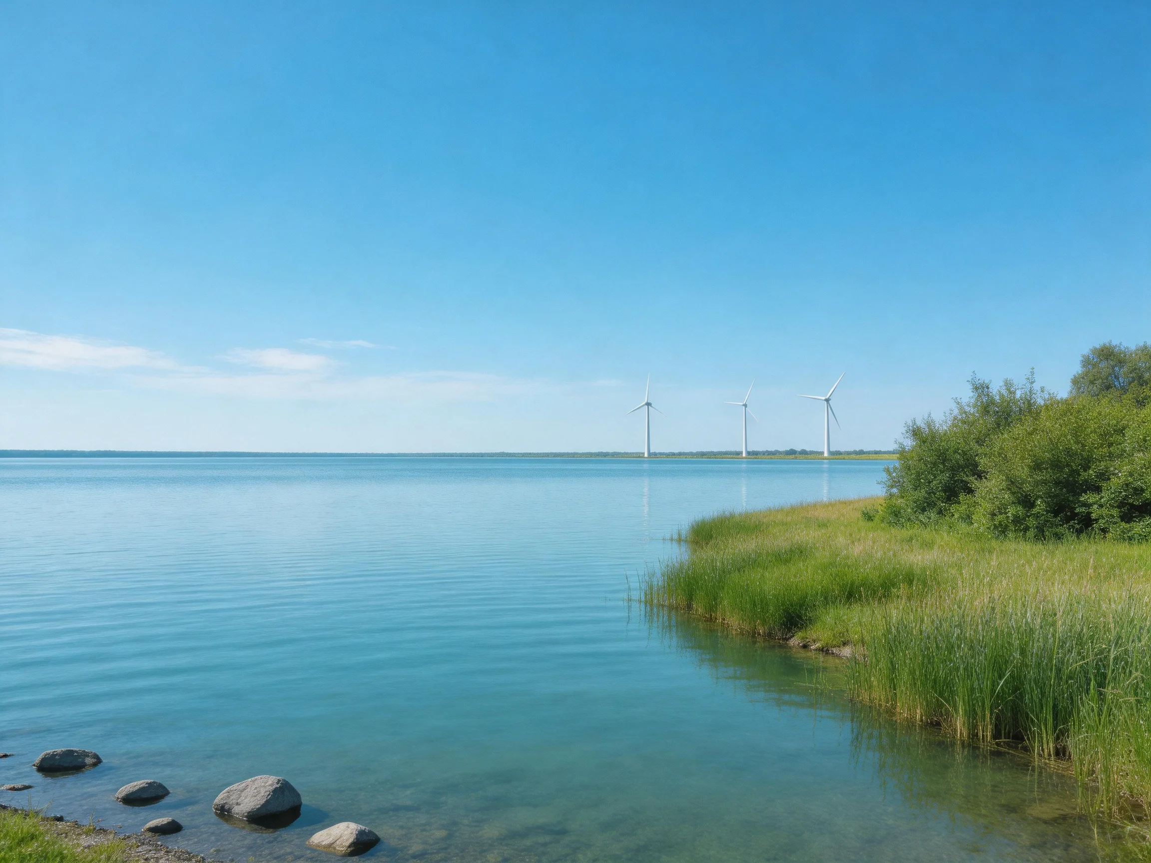 Three white wind turbines near a calm blue lake with green shoreline