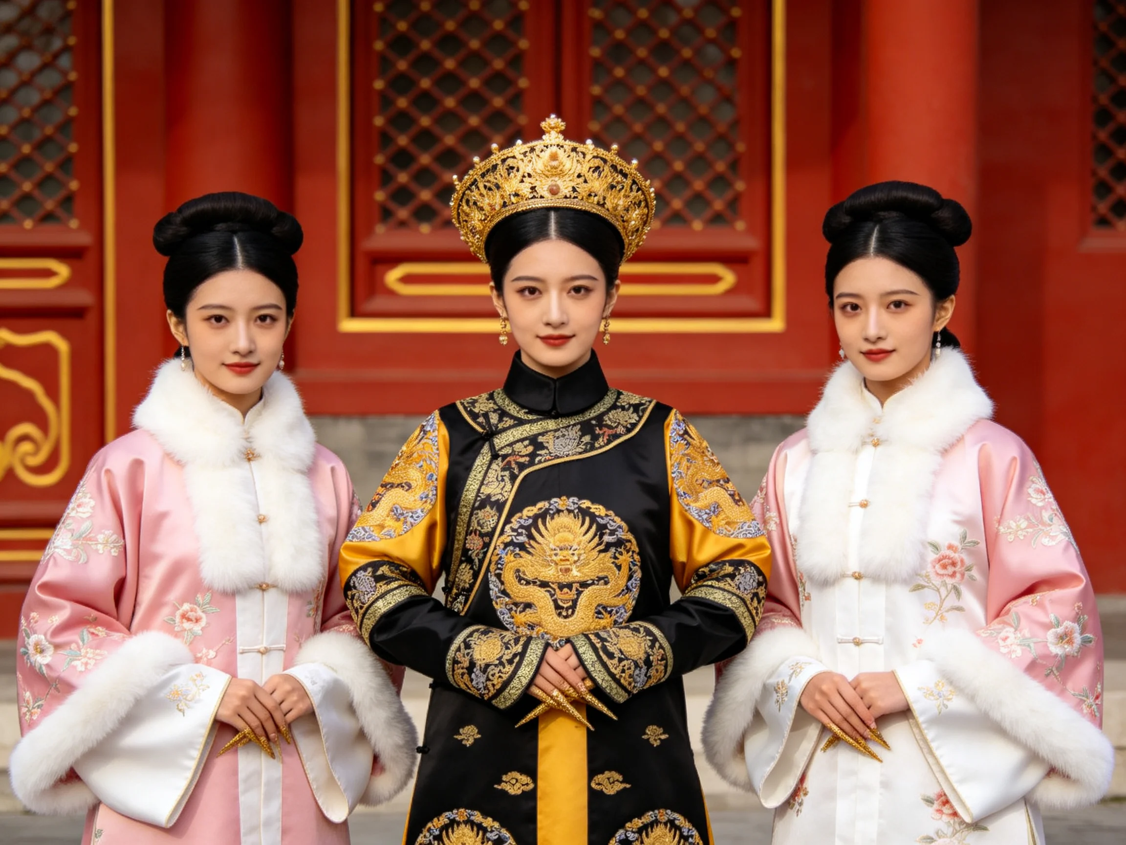 Three women in elaborate historical costumes with golden headdress and red palace backdrop