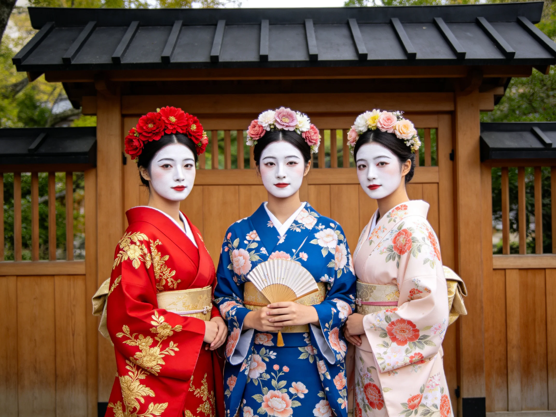 Three women in traditional floral kimonos pose by a wooden structure