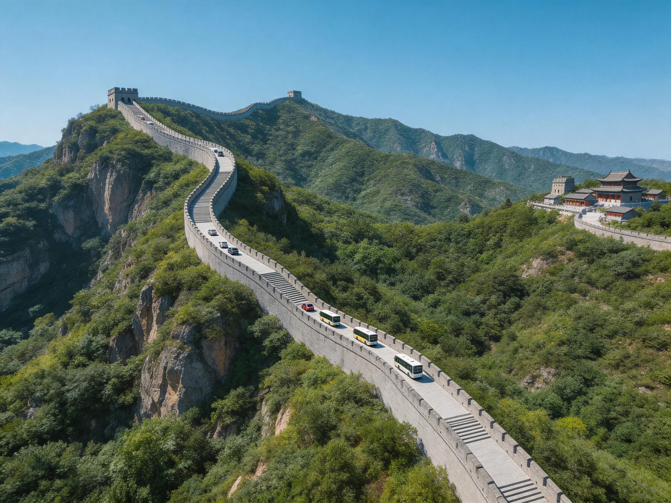 Tourist buses traverse the ancient Great Wall winding through lush green mountains