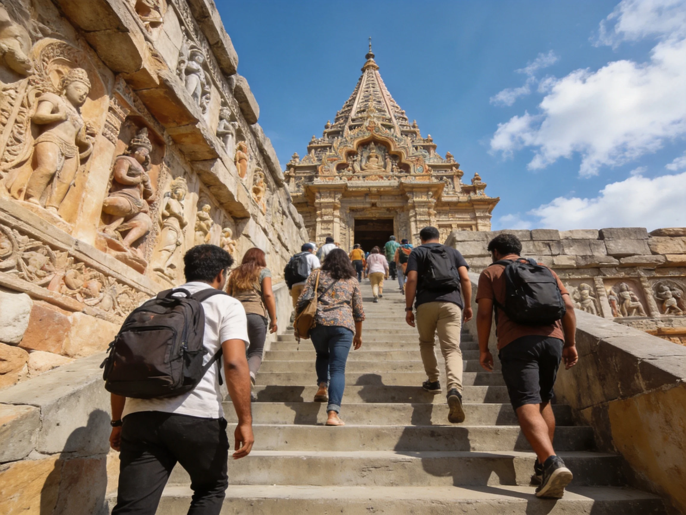 Tourists ascend stone stairs toward an ornate historical temple with carved walls
