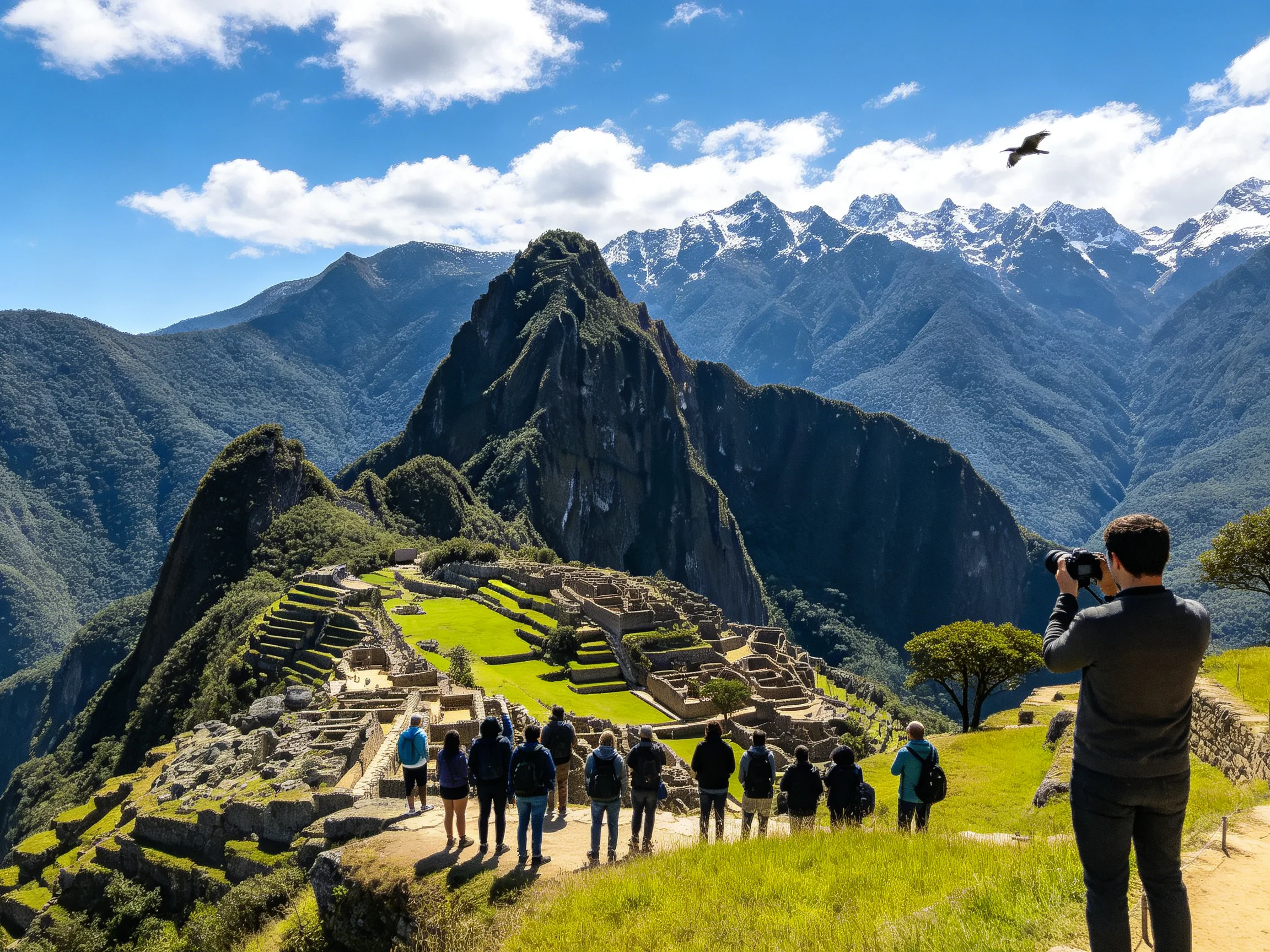Tourists explore ancient stone ruins near green terraced areas